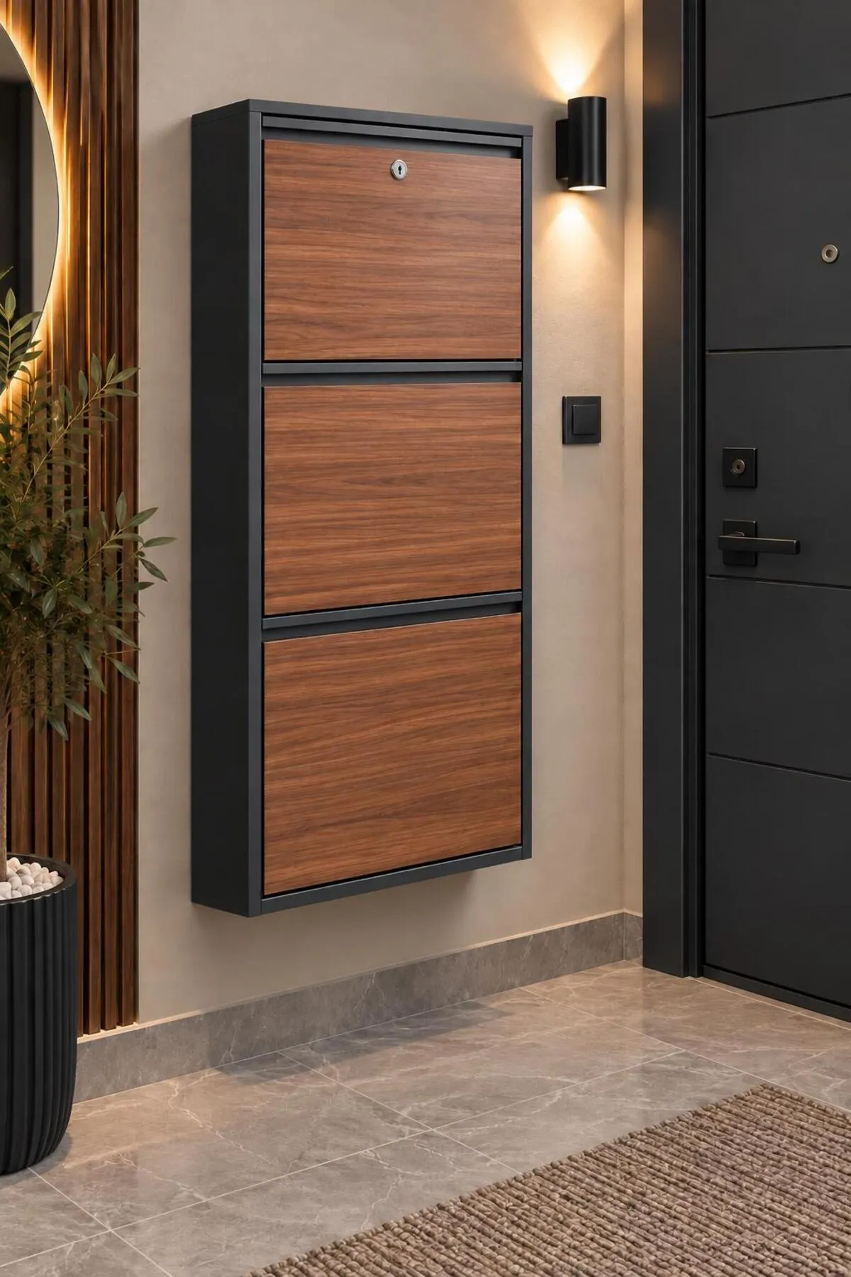 3-Door Lockable Metal Shoe Cabinet with Wood-Effect Doors – 6 Pairs