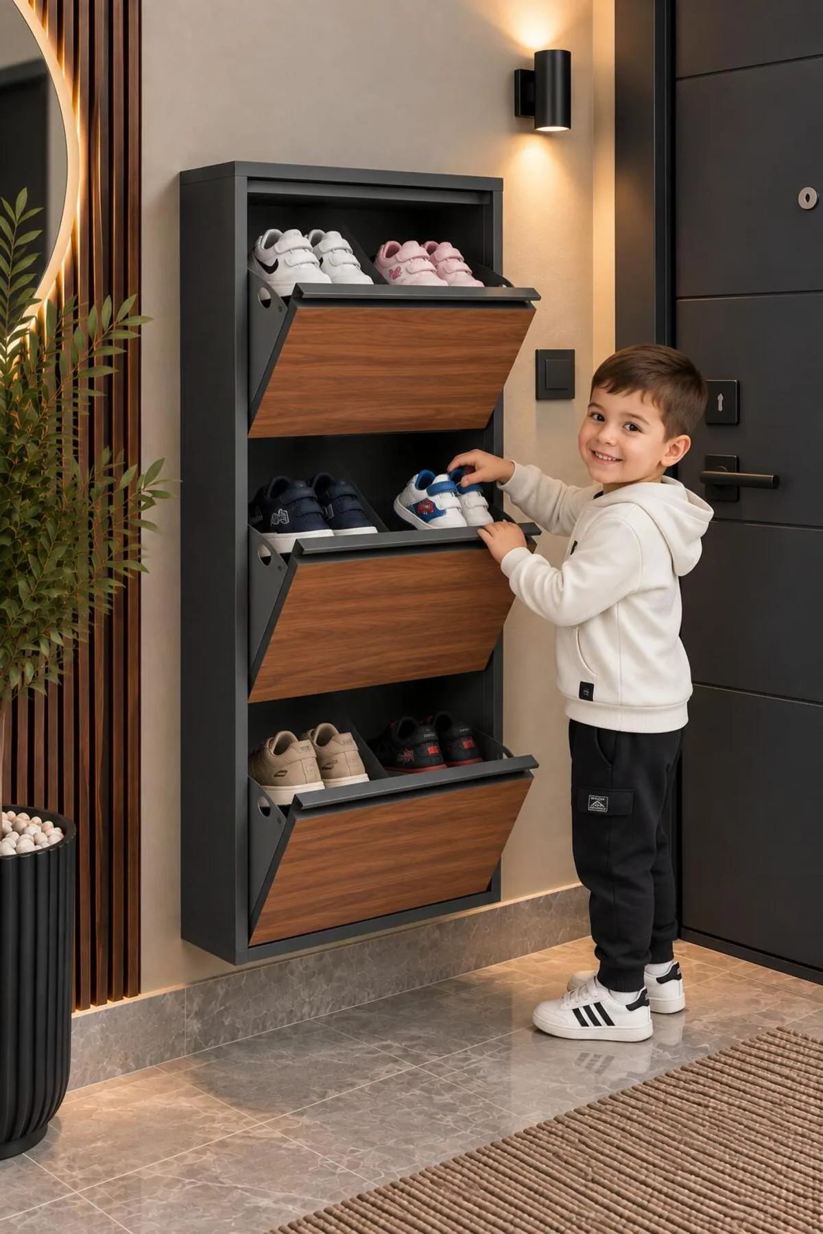 3-Door Lockable Metal Shoe Cabinet with Wood-Effect Doors – 6 Pairs, view 3