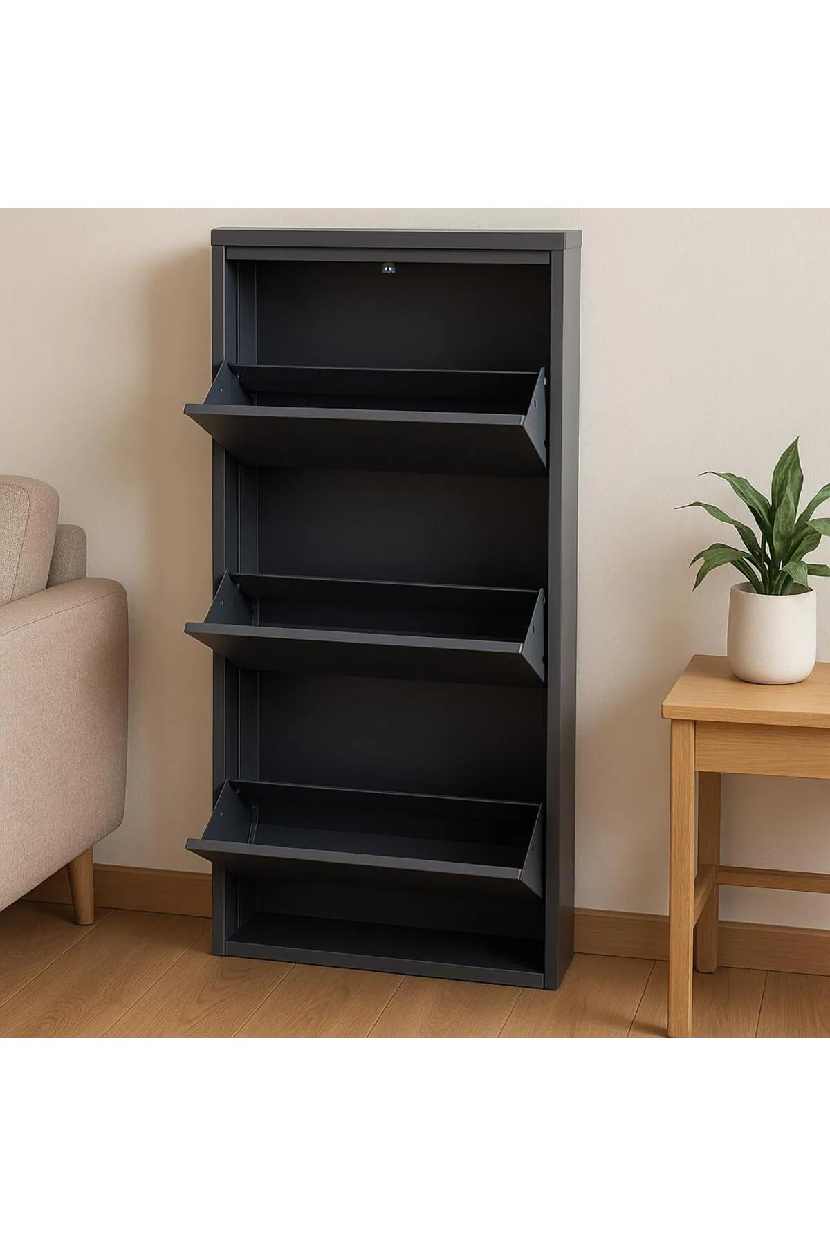 3-Door Lockable Anthracite Wood-Pattern Metal Shoe Cabinet – 6 Pairs, view 3