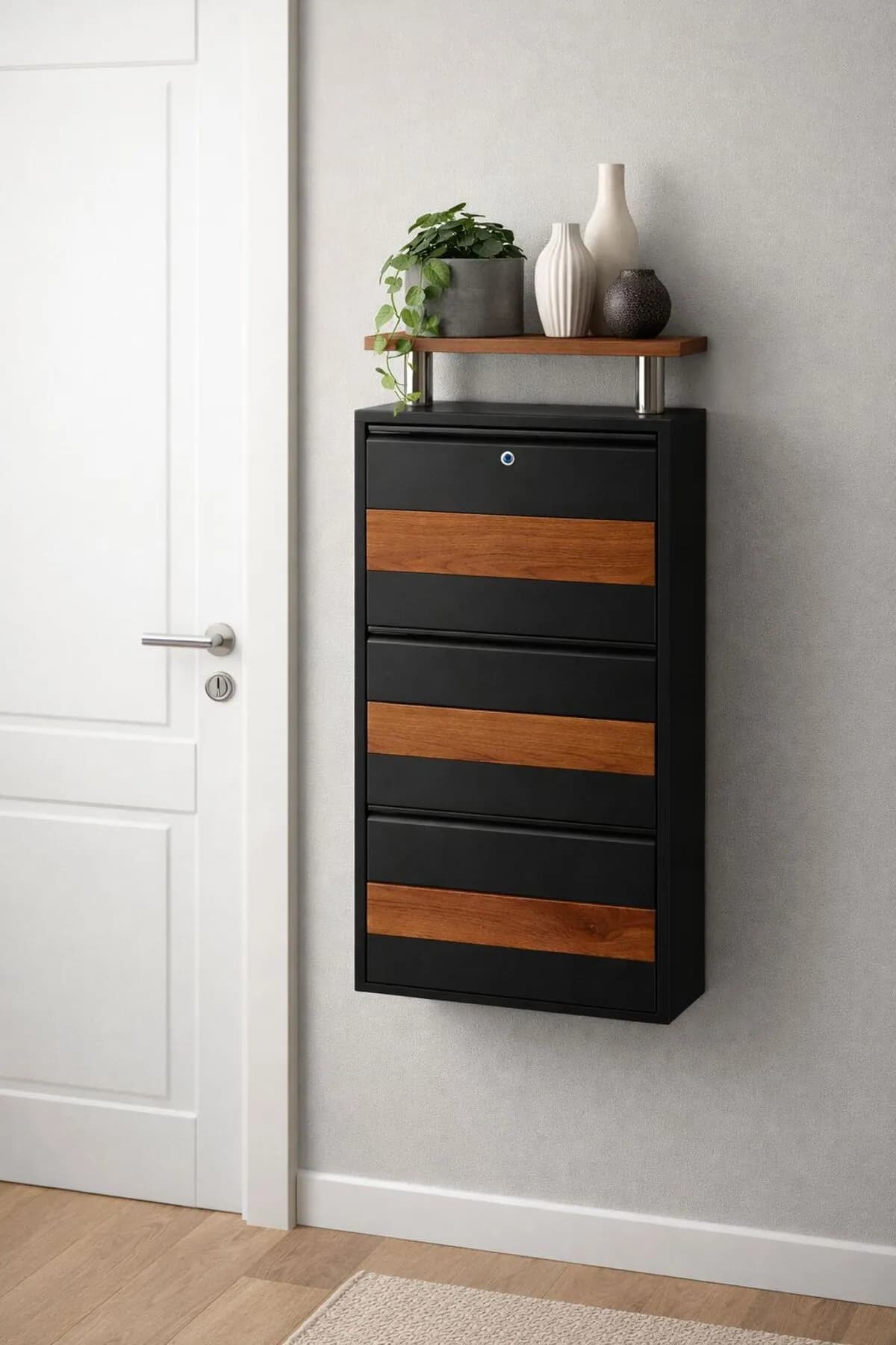 3-Door Lockable Anthracite Metal Shoe Cabinet with Wood Detail and Wood-Effect Top – 6 Pairs