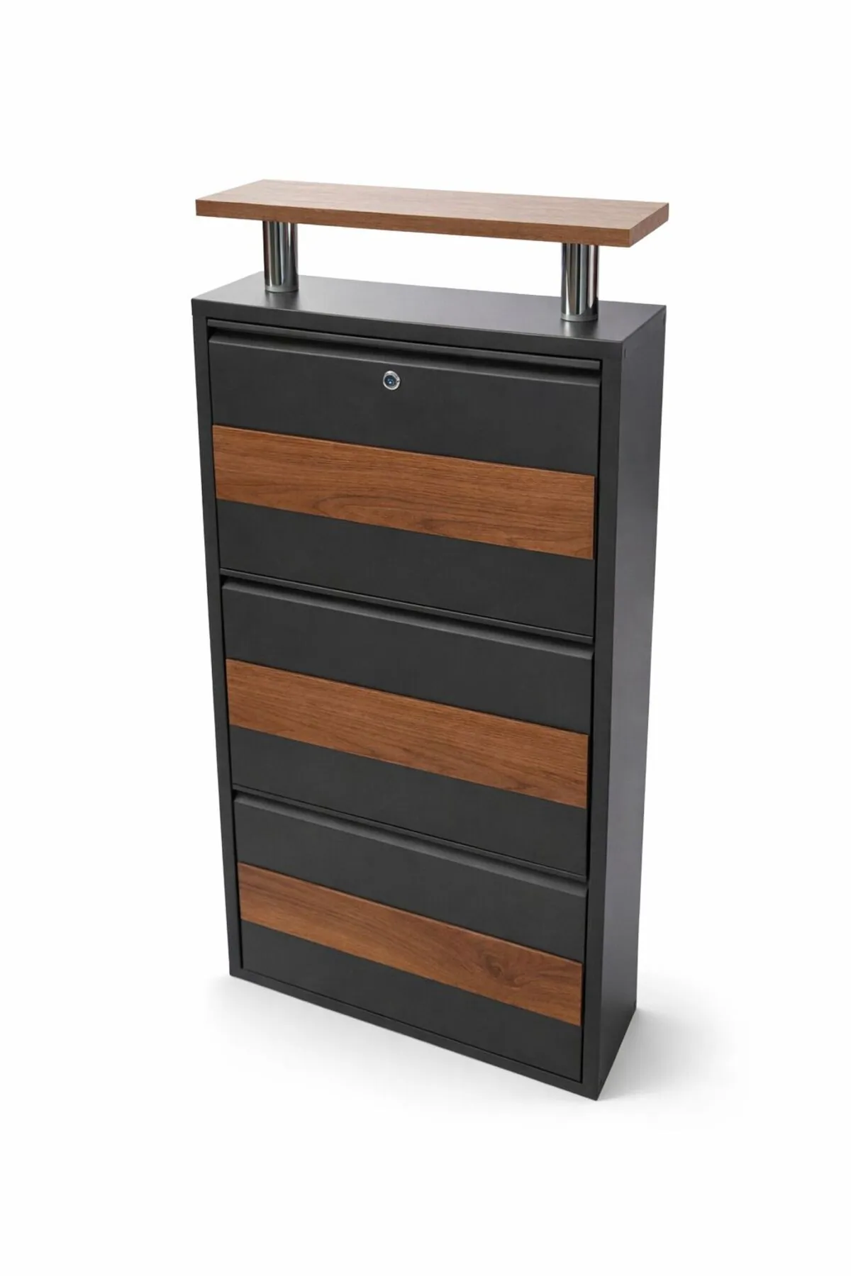 3-Door Lockable Anthracite Metal Shoe Cabinet with Wood Detail and Wood-Effect Top – 6 Pairs, view 3