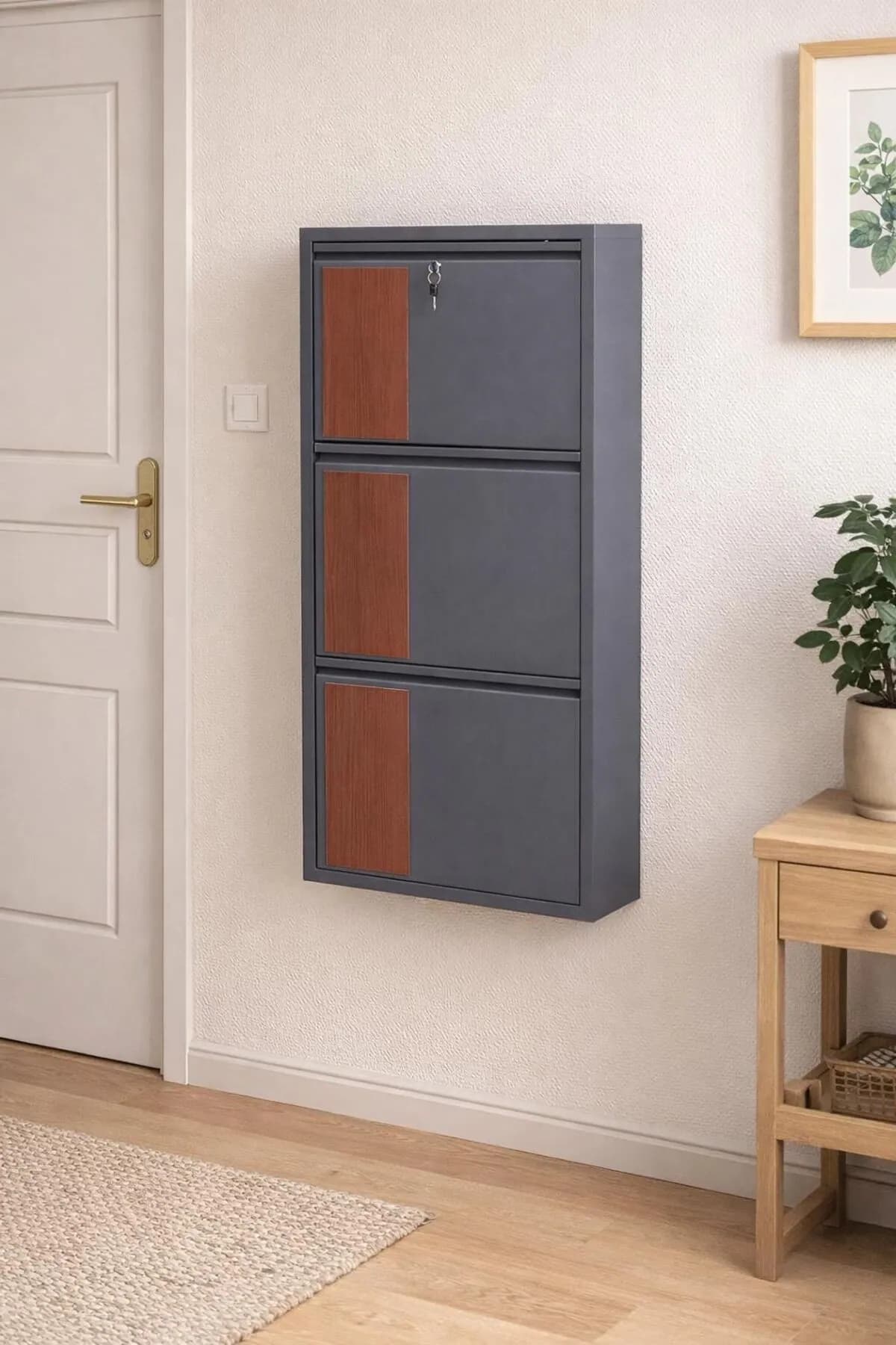 3-Door Lockable Anthracite Metal Shoe Cabinet with Vertical Wood Detail – 6 Pairs