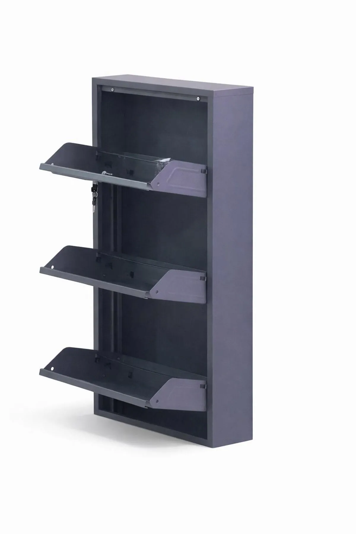 3-Door Lockable Anthracite Metal Shoe Cabinet with Vertical Wood Detail – 6 Pairs, view 3