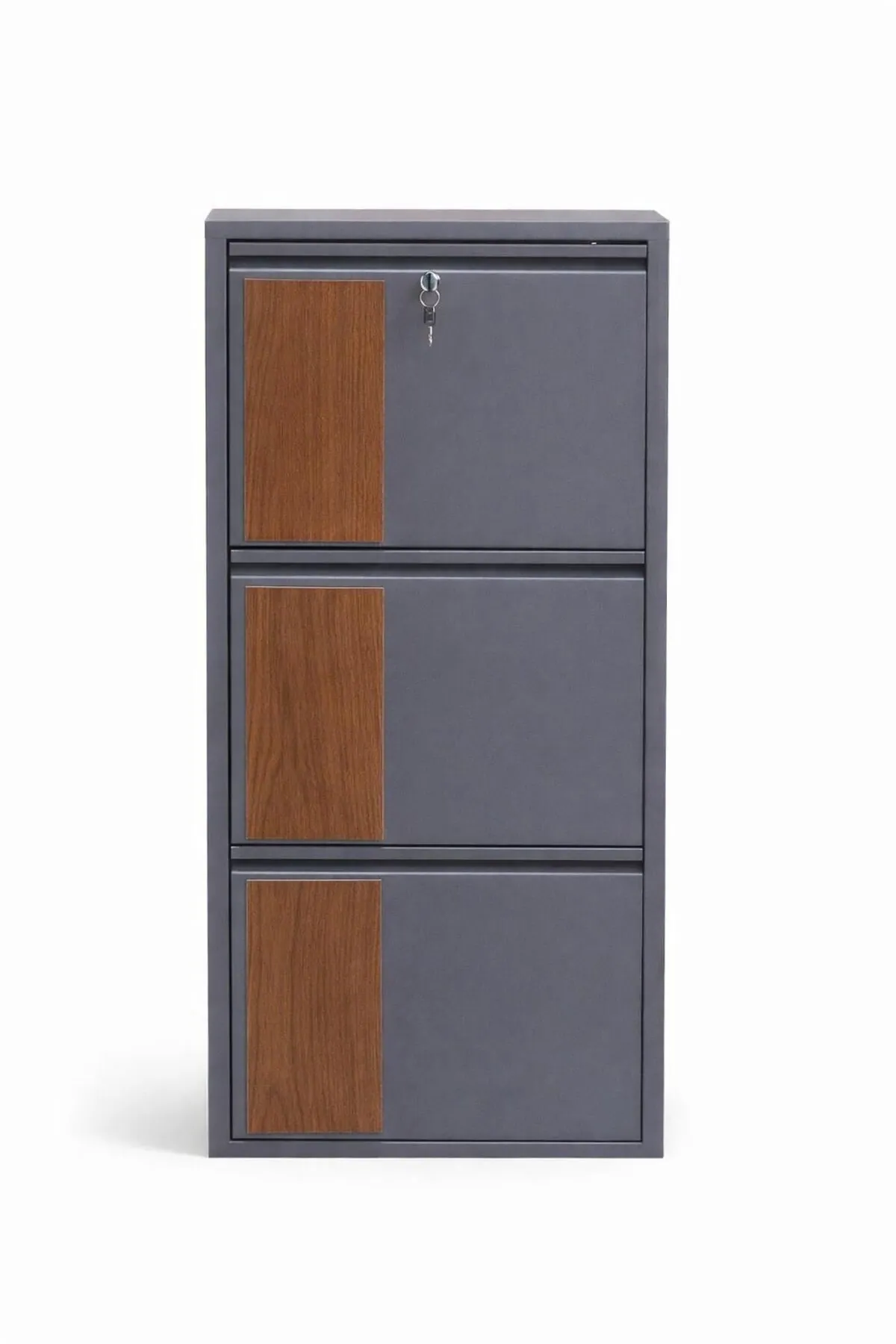 3-Door Lockable Anthracite Metal Shoe Cabinet with Vertical Wood Detail – 6 Pairs, view 4