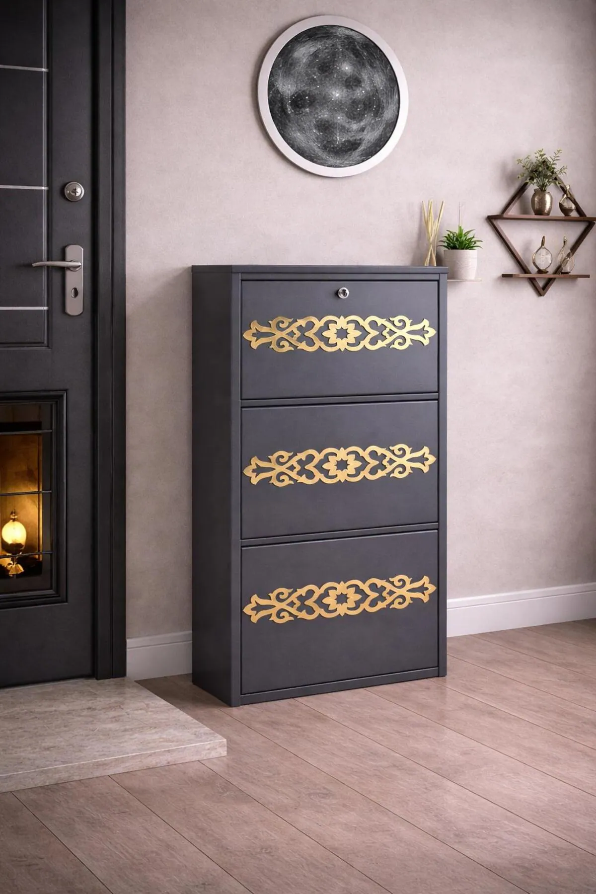 3 Kapaklı Kilitli Antrasit Gold Desenli Metal Ayakkabılık – 6 Çift
