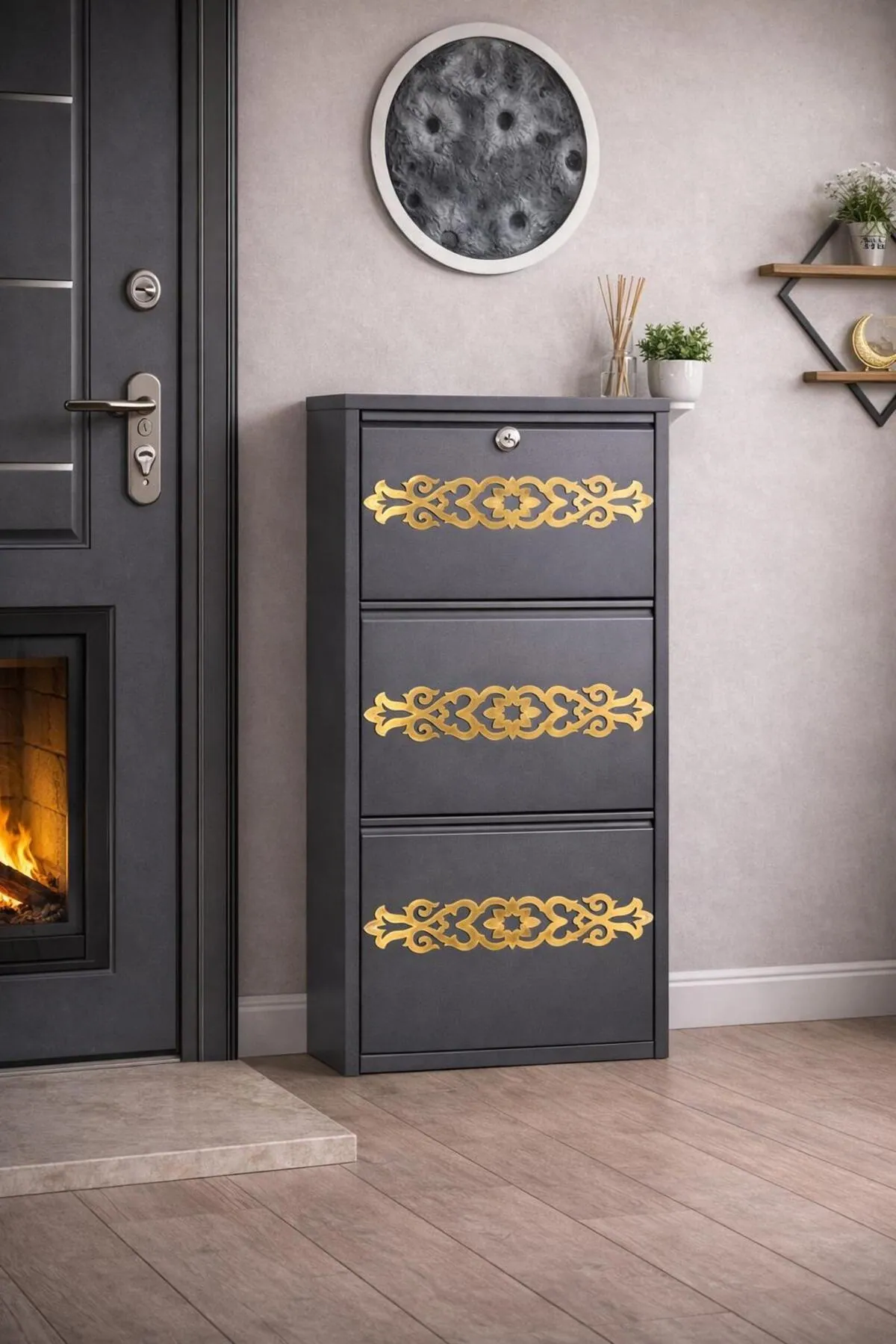 3-Door Lockable Anthracite Gold-Pattern Metal Shoe Cabinet – 6 Pairs, view 3