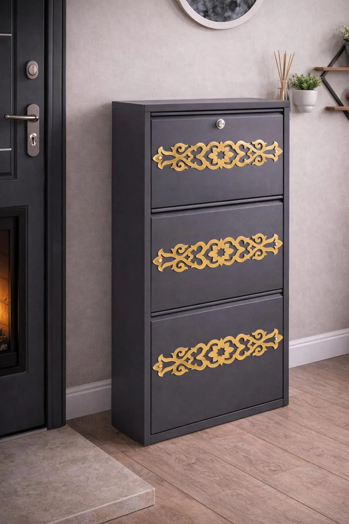3-Door Lockable Anthracite Gold-Pattern Metal Shoe Cabinet – 6 Pairs, view 4