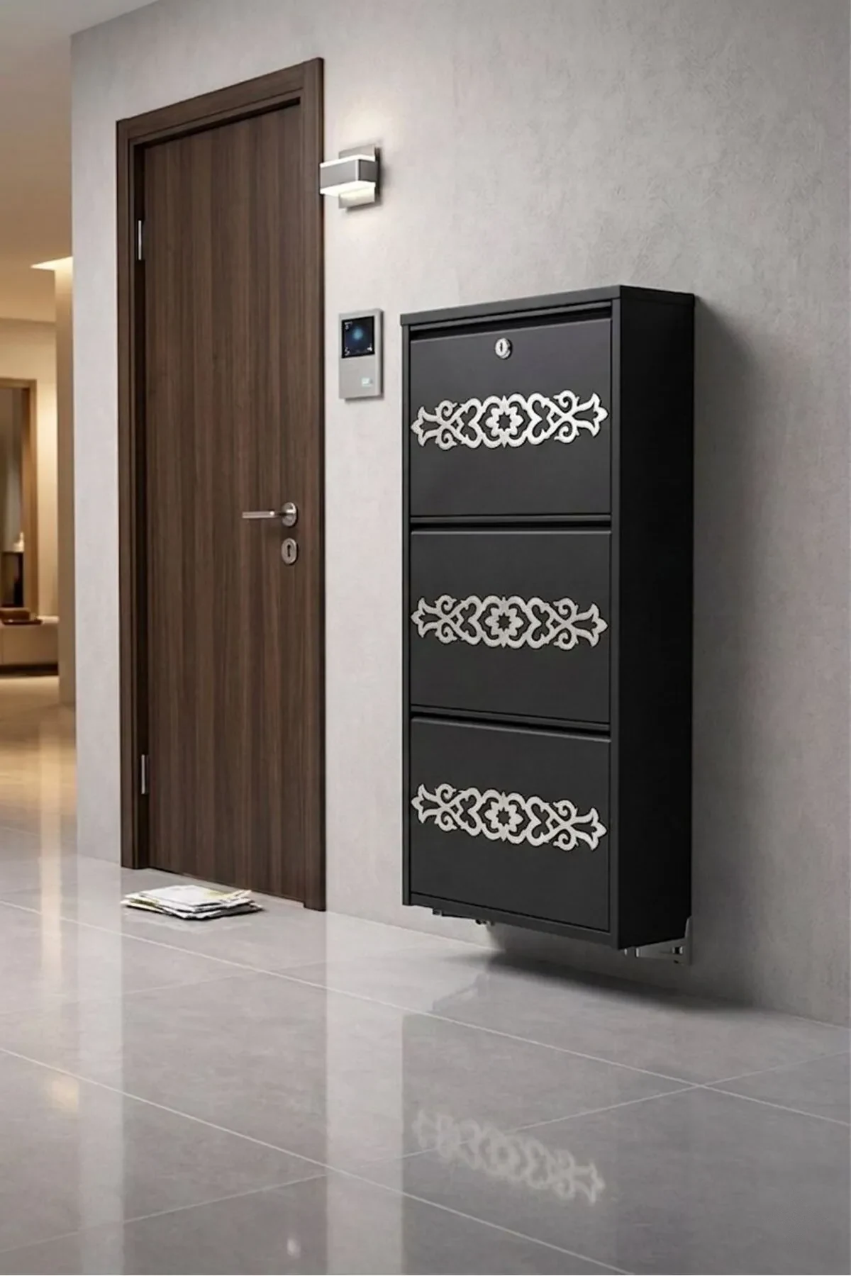 3-Door Lockable Anthracite Silver-Pattern Metal Shoe Cabinet – 6 Pairs
