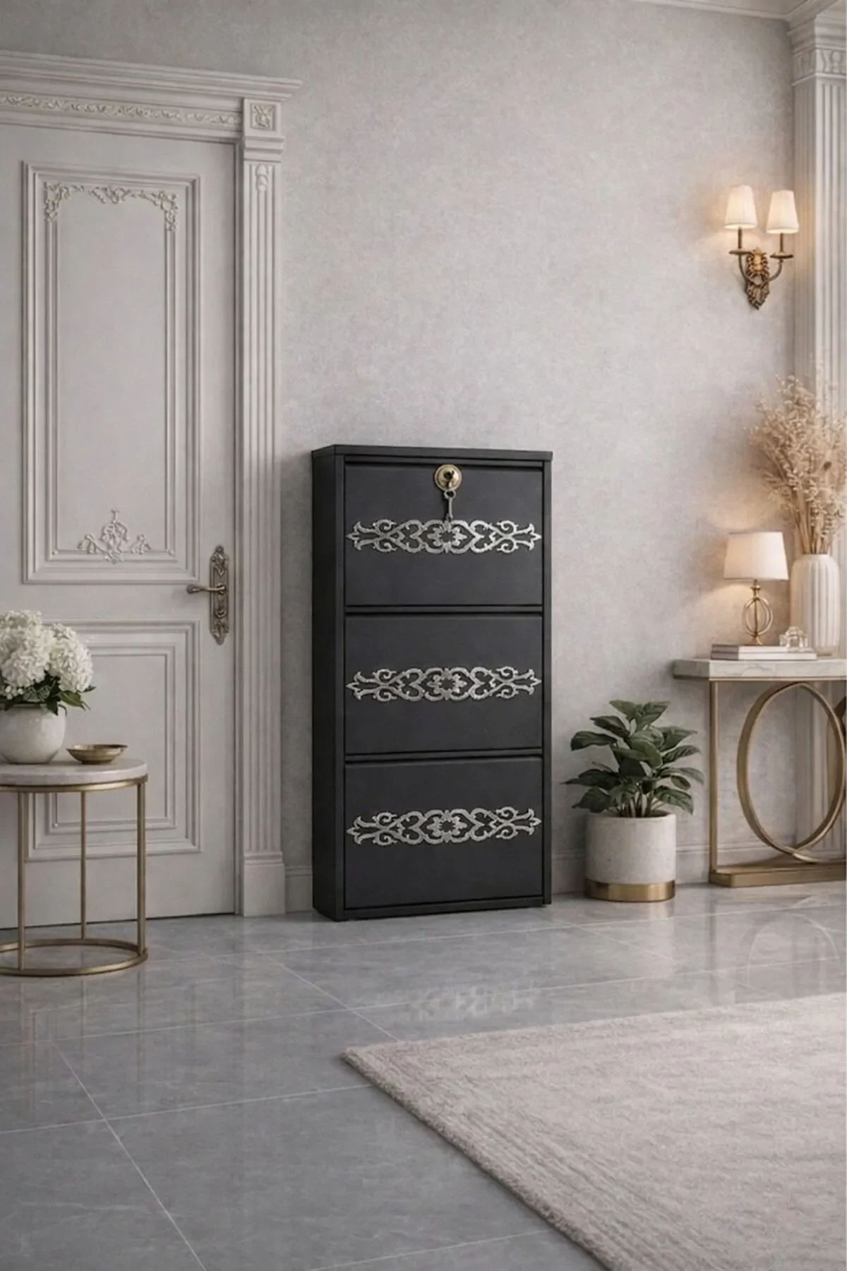 3-Door Lockable Anthracite Silver-Pattern Metal Shoe Cabinet – 6 Pairs, view 2