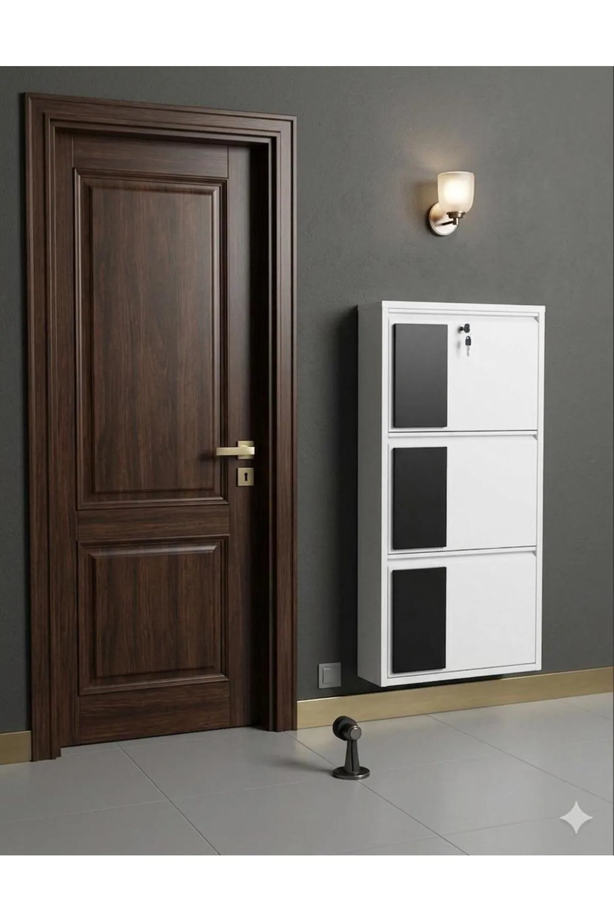 3 Kapaklı Kilitli Beyaz Desenli Metal Ayakkabılık – 6 Çift