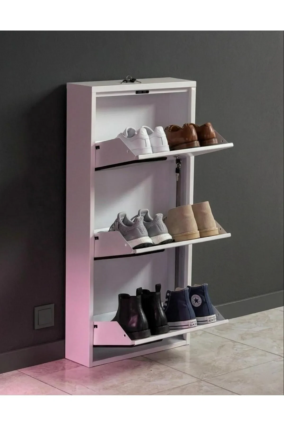 3-Door Lockable White Patterned Metal Shoe Cabinet – 6 Pairs, view 3