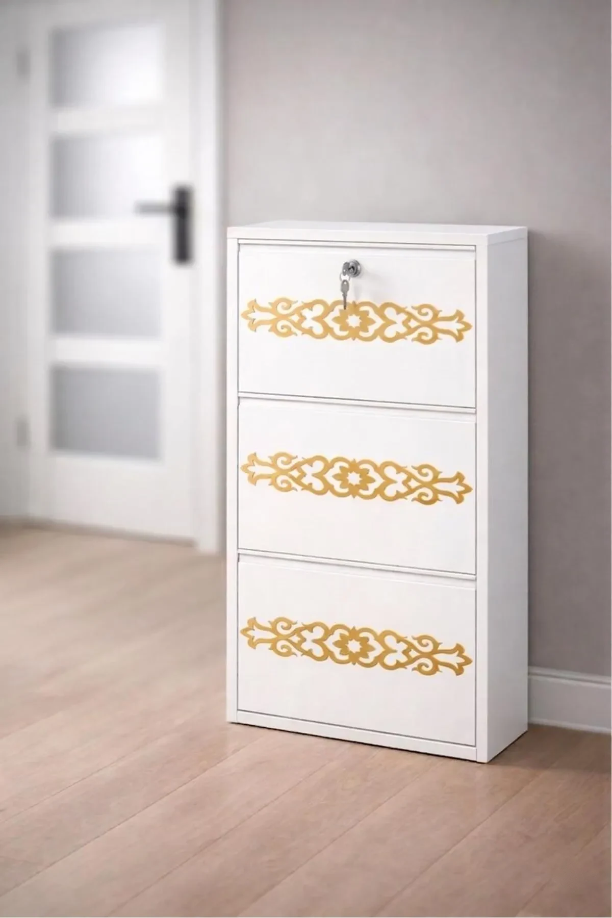 3-Door Lockable White Gold-Pattern Metal Shoe Cabinet – 6 Pairs, view 3
