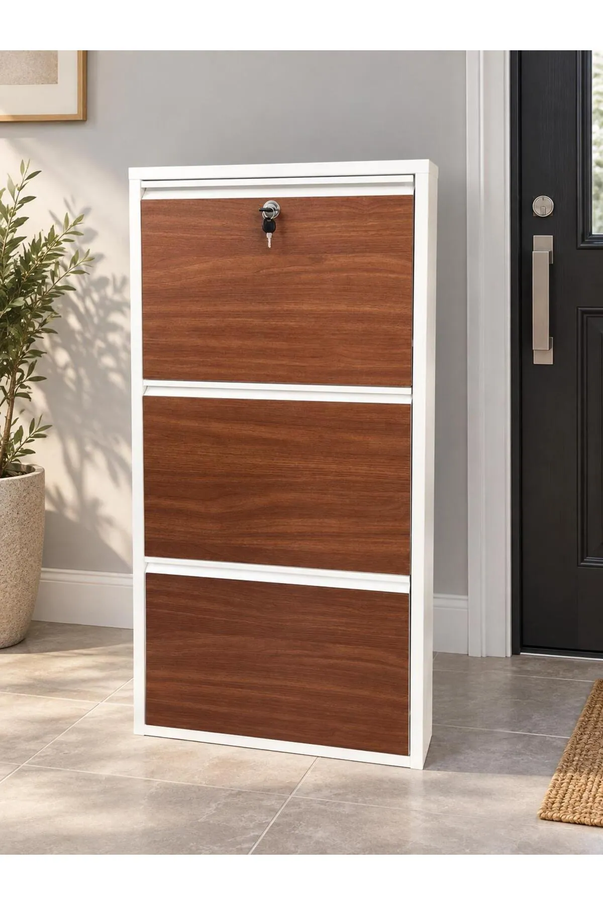3-Door Lockable White Metal Shoe Cabinet with Kemence Wood-Effect Doors – 6 Pairs, view 3