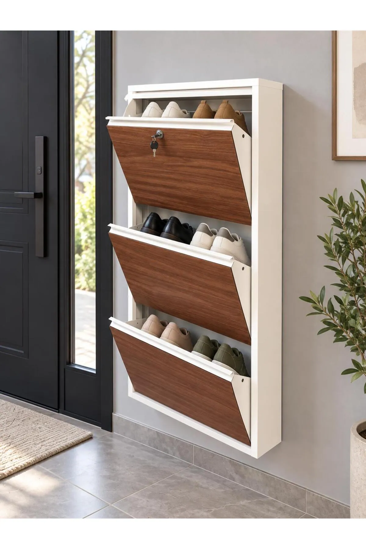 3-Door Lockable White Metal Shoe Cabinet with Kemence Wood-Effect Doors – 6 Pairs, view 4