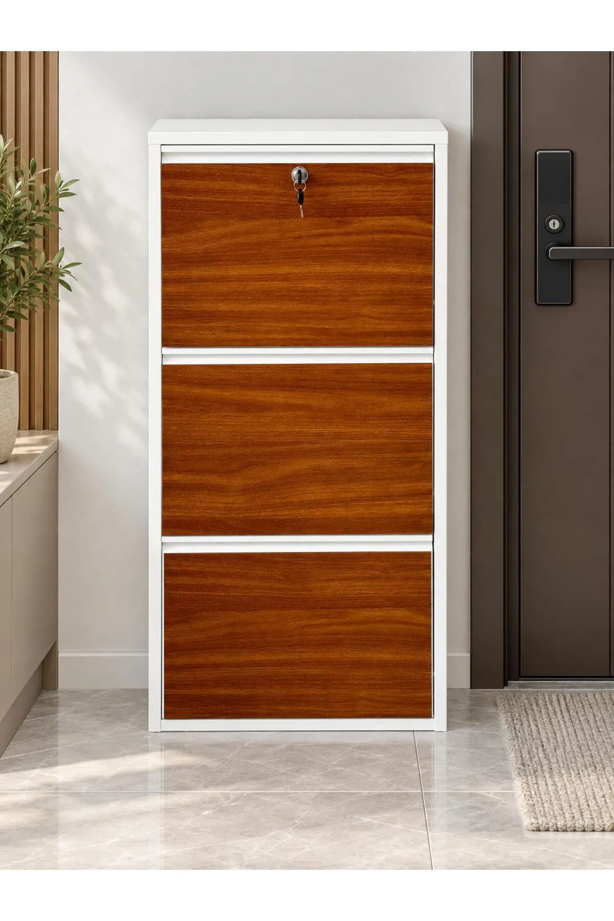 3-Door Lockable White Metal Shoe Cabinet with Kemence Wood-Effect Doors – 6 Pairs, view 5