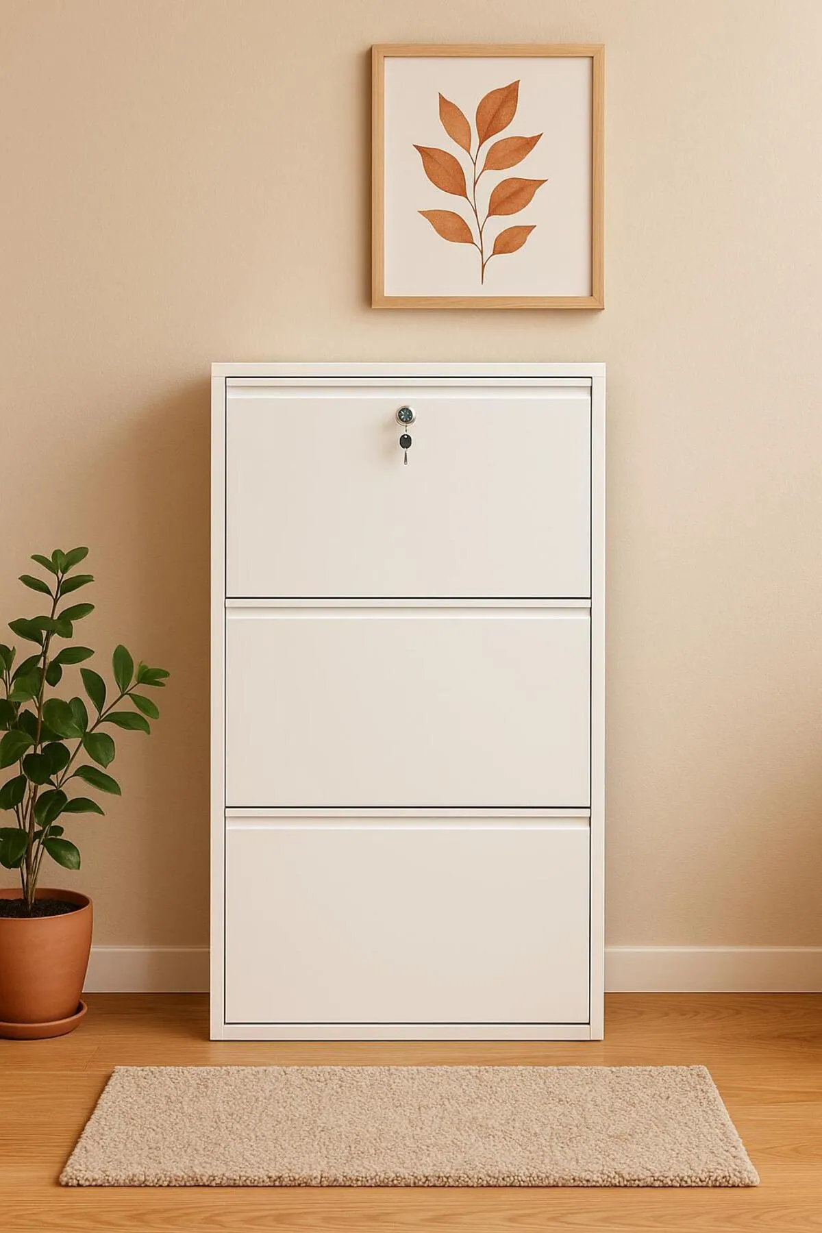 3-Door Lockable White Metal Shoe Cabinet – 6 Pairs
