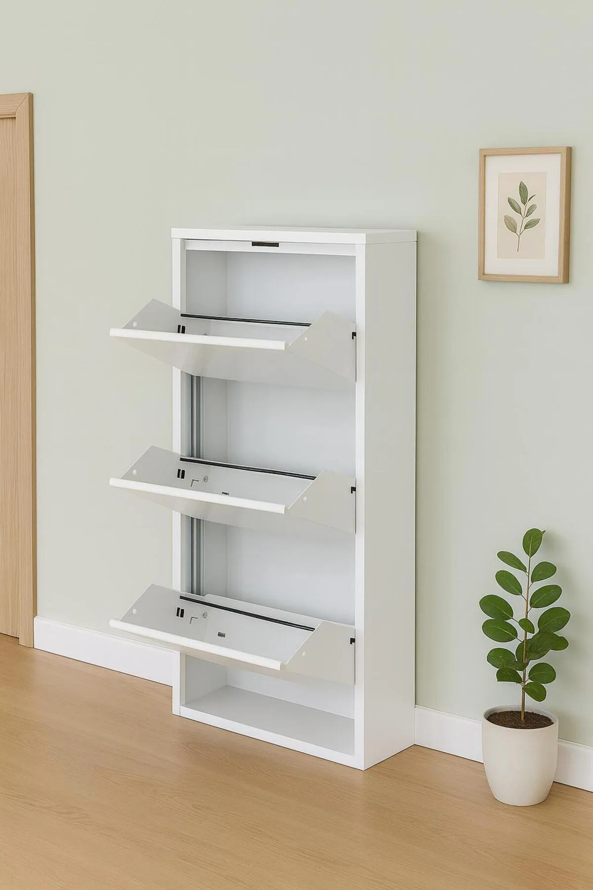 3-Door Lockable White Metal Shoe Cabinet – 6 Pairs, view 3