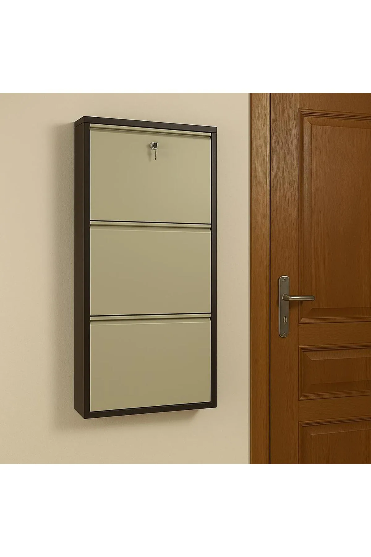 3-Door Lockable Brown-Cream Metal Shoe Cabinet – 6 Pairs