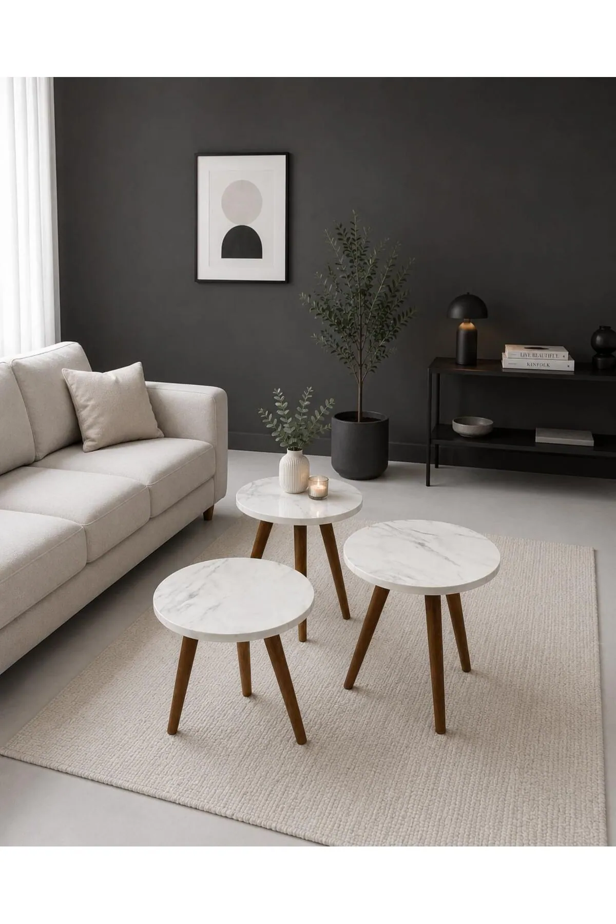 3'lü Yuvarlak Beyaz Mermer Desenli MDF Zigon Sehpa Ceviz Ayaklı