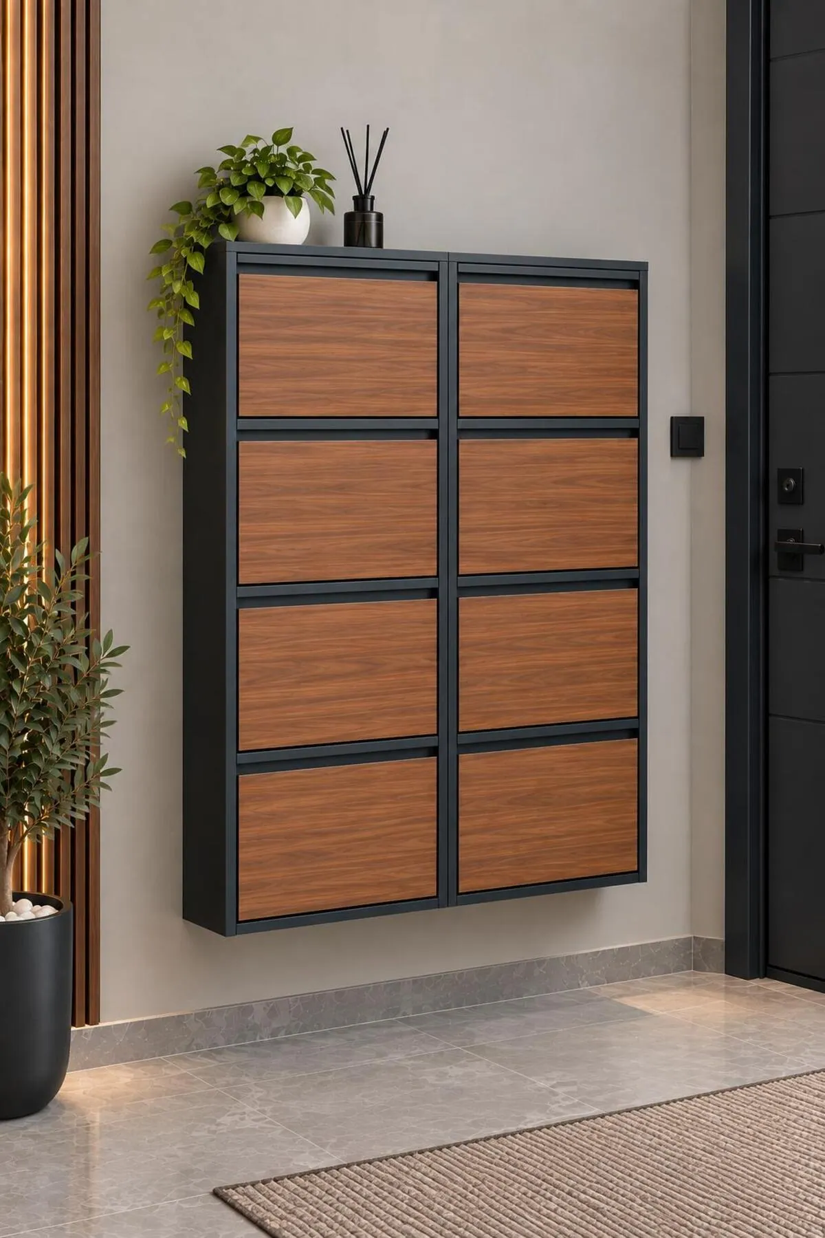 4+4-Door Anthracite Wood-Pattern Metal Shoe Cabinet – 16 Pairs