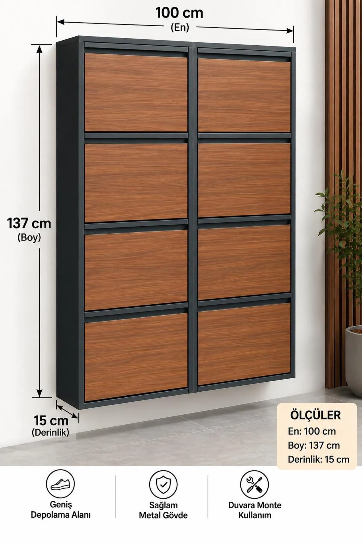 4+4-Door Anthracite Wood-Pattern Metal Shoe Cabinet – 16 Pairs, view 3