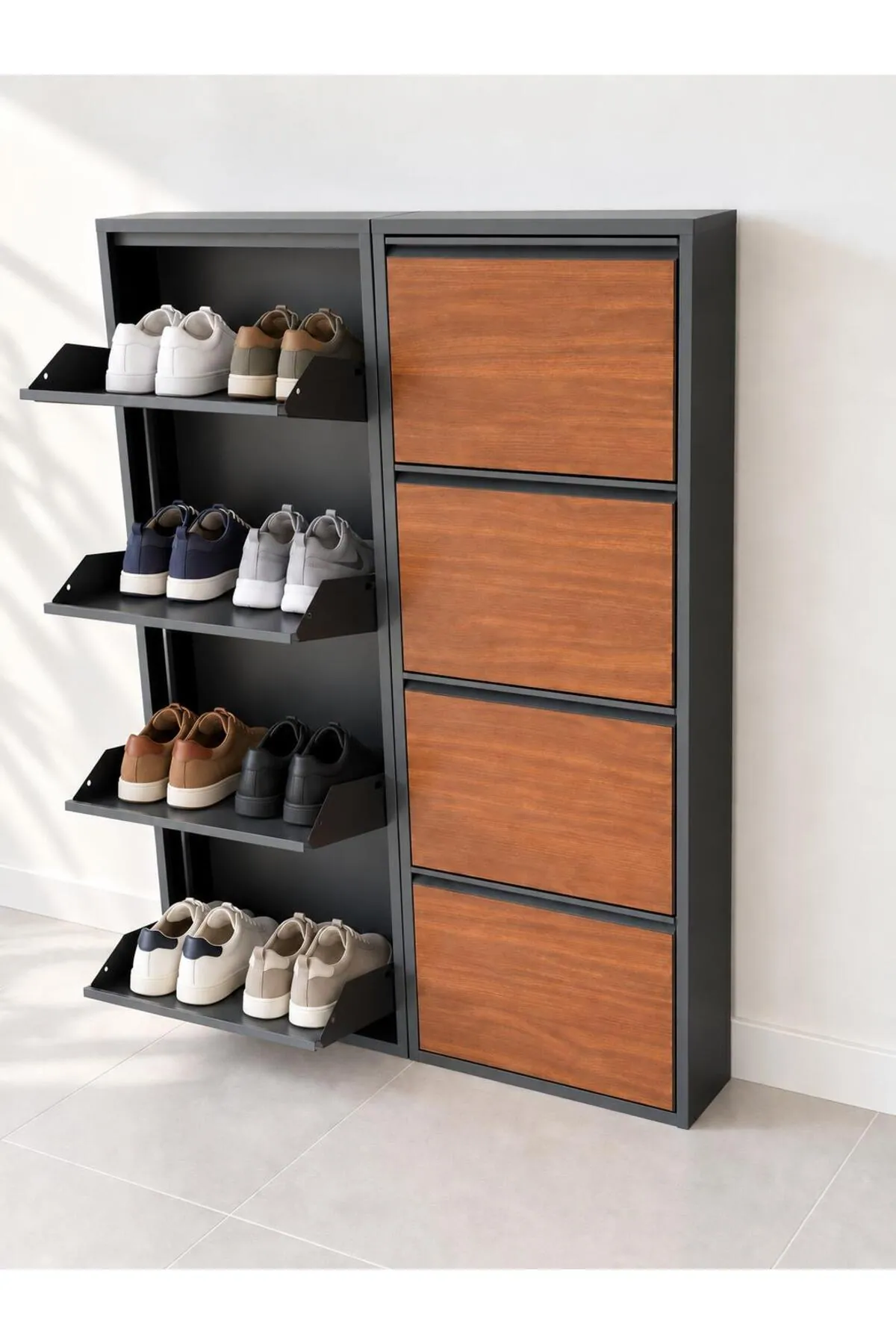 4+4-Door Anthracite Metal Shoe Cabinet with Wood-Effect and Metal Doors – 16 Pairs, view 3