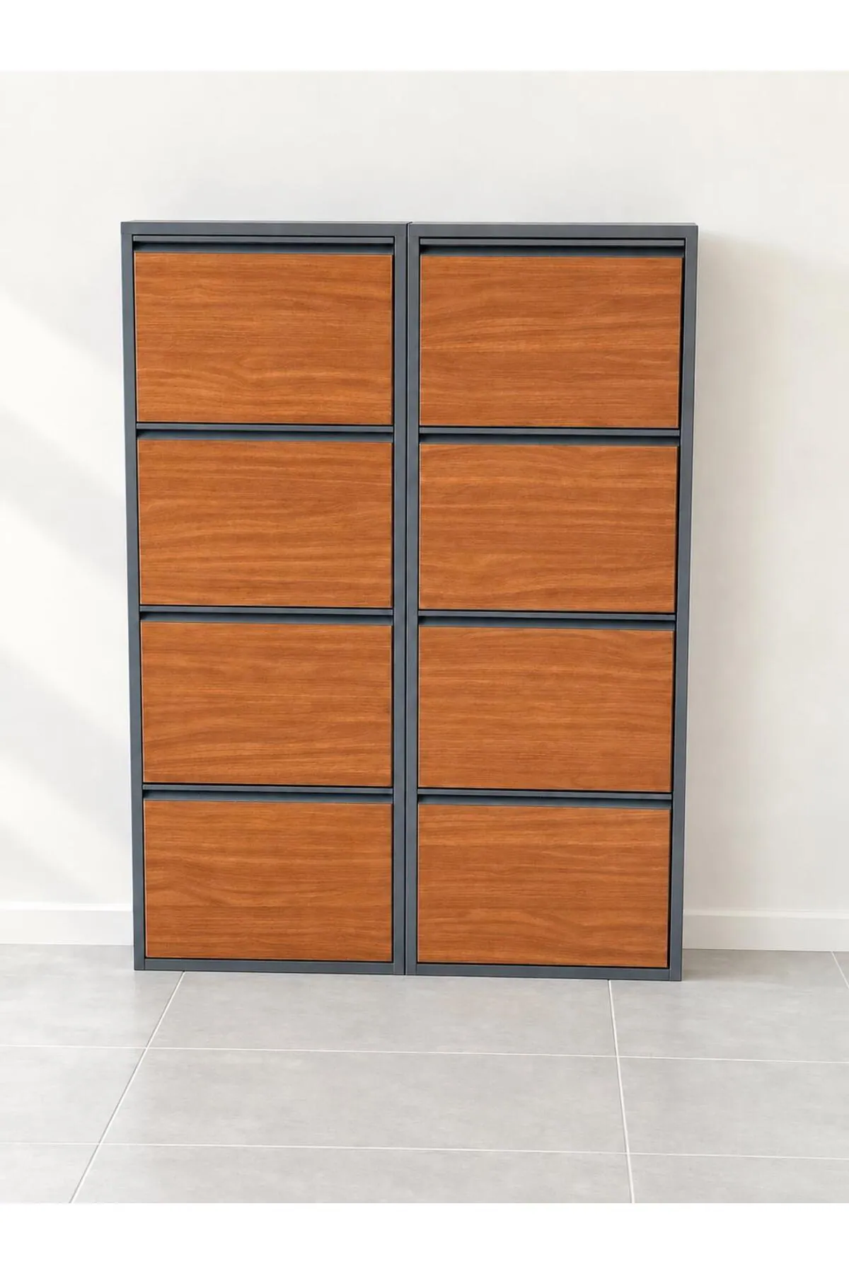 4+4-Door Anthracite Metal Shoe Cabinet with Wood-Effect and Metal Doors – 16 Pairs, view 4