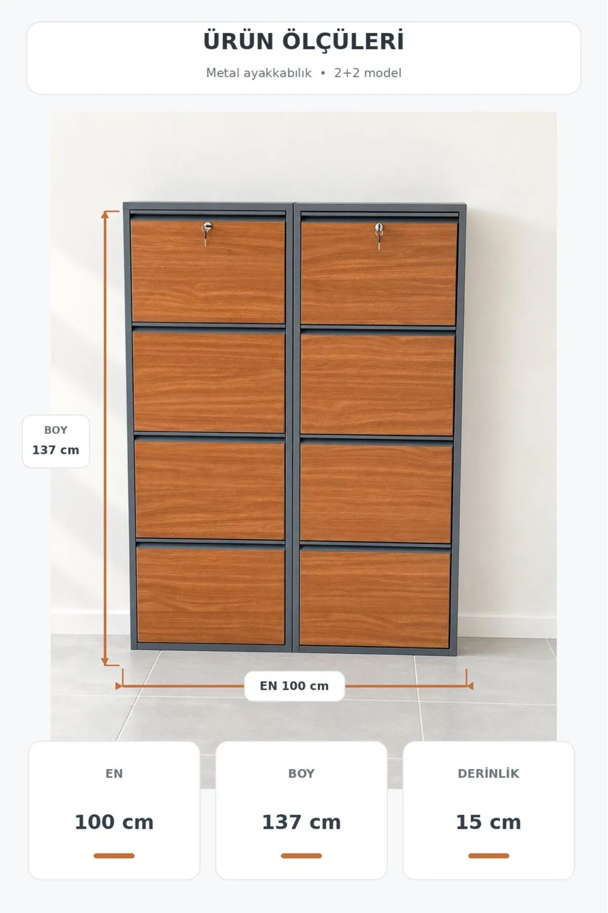4+4-Door Anthracite Metal Shoe Cabinet with Wood-Effect and Metal Doors – 16 Pairs, view 5
