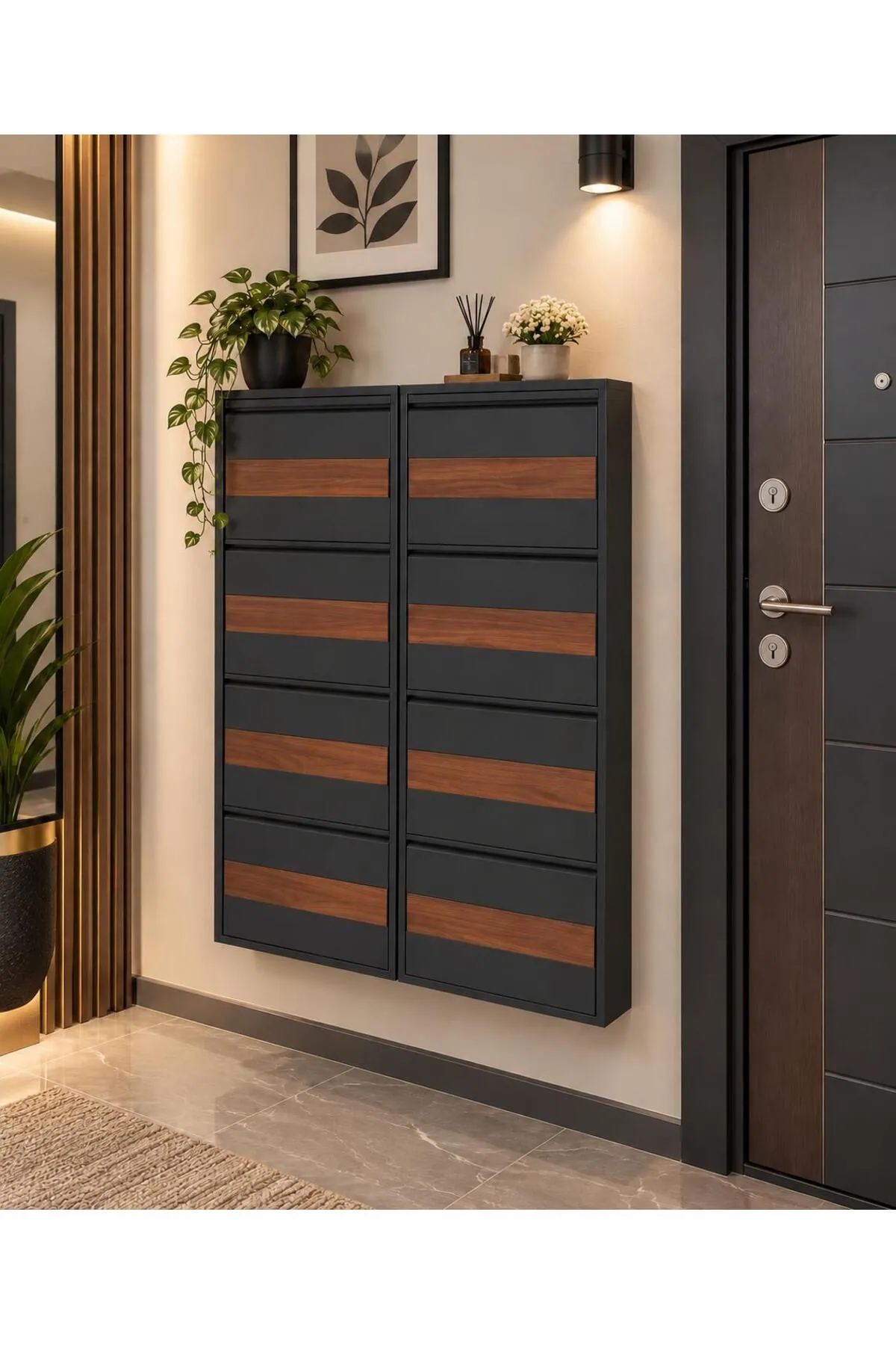 4+4-Door Anthracite Patterned Metal Shoe Cabinet – 16 Pairs