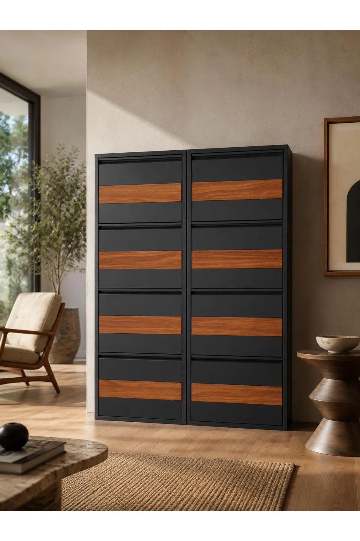 4+4-Door Anthracite Patterned Metal Shoe Cabinet – 16 Pairs, view 3