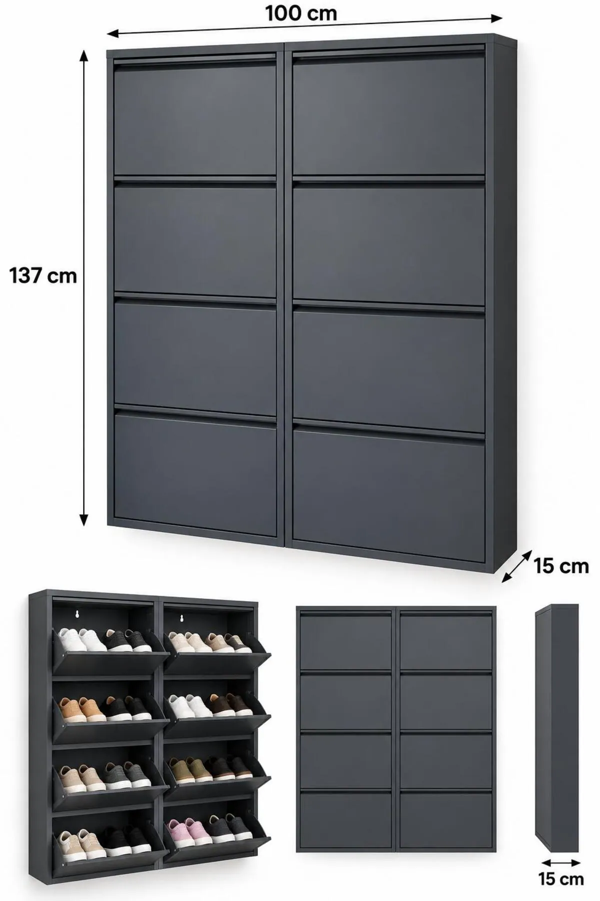 4+4-Door Anthracite Metal Shoe Cabinet – 16 Pairs, view 5