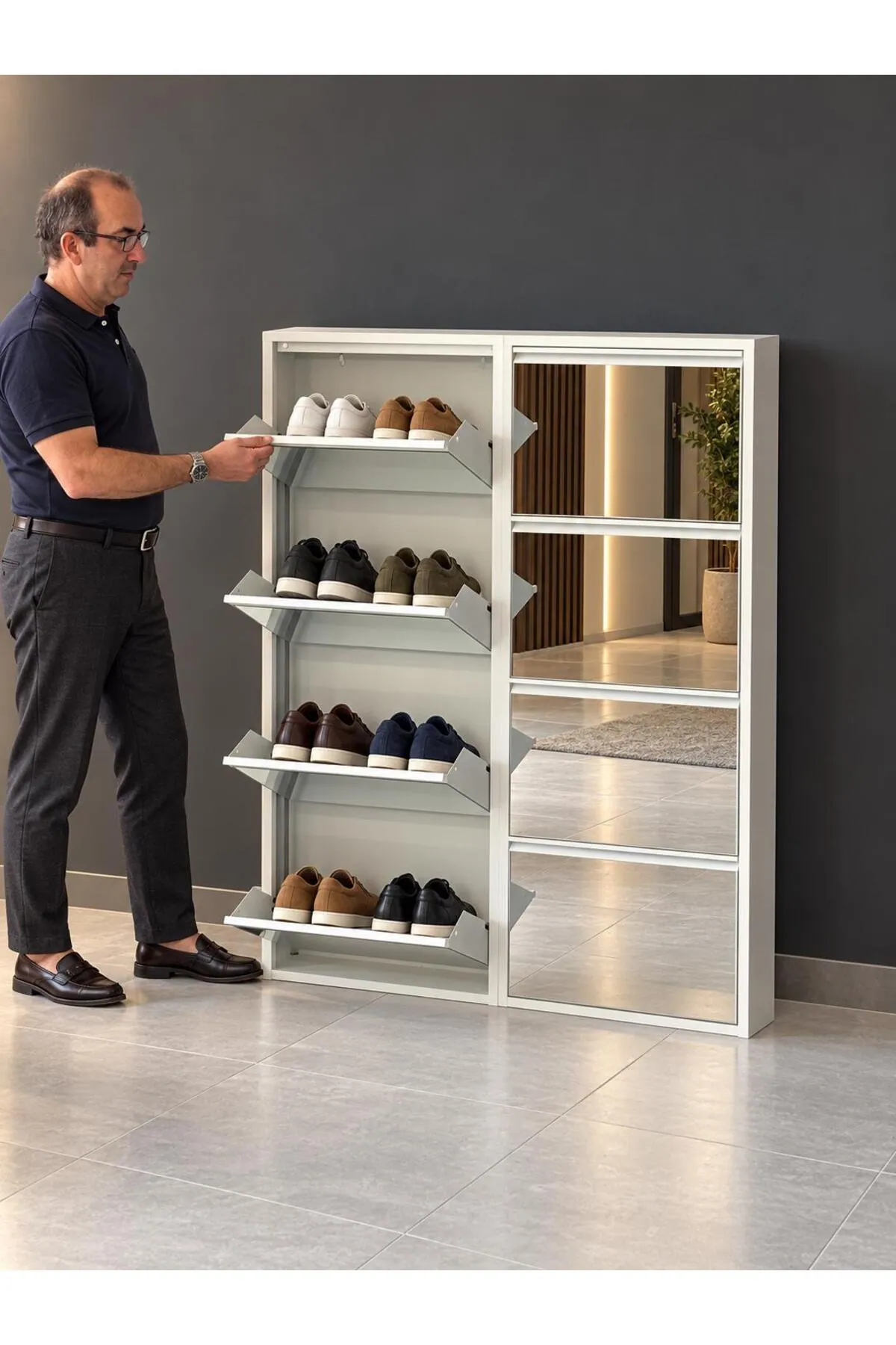 4+4 Kapaklı Beyaz Aynalı Metal Ayakkabılık – 16 Çift