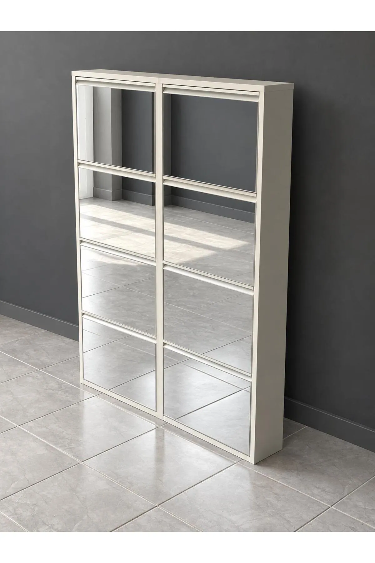 4+4-Door White Mirrored Metal Shoe Cabinet – 16 Pairs, view 3