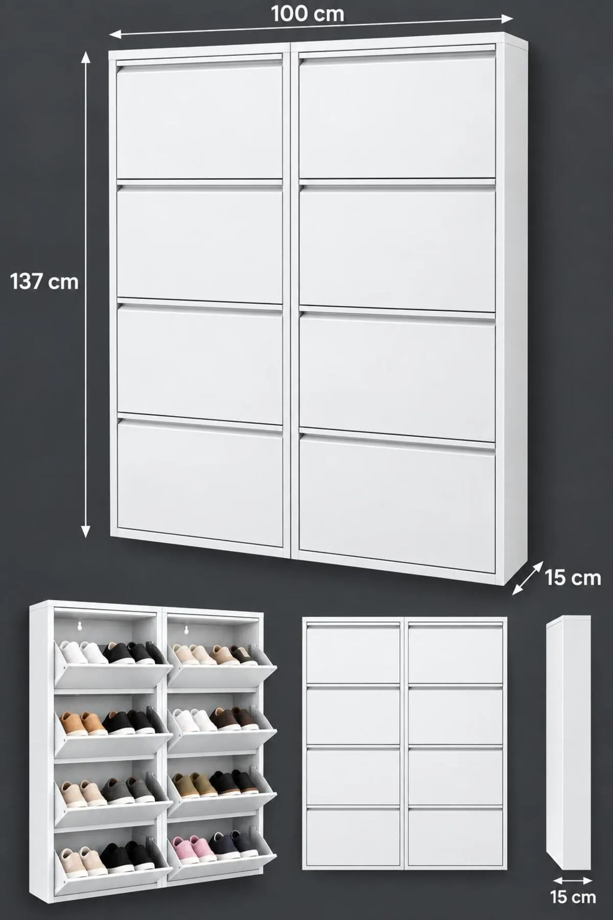 4+4-Door White Metal Shoe Cabinet – 16 Pairs, view 4