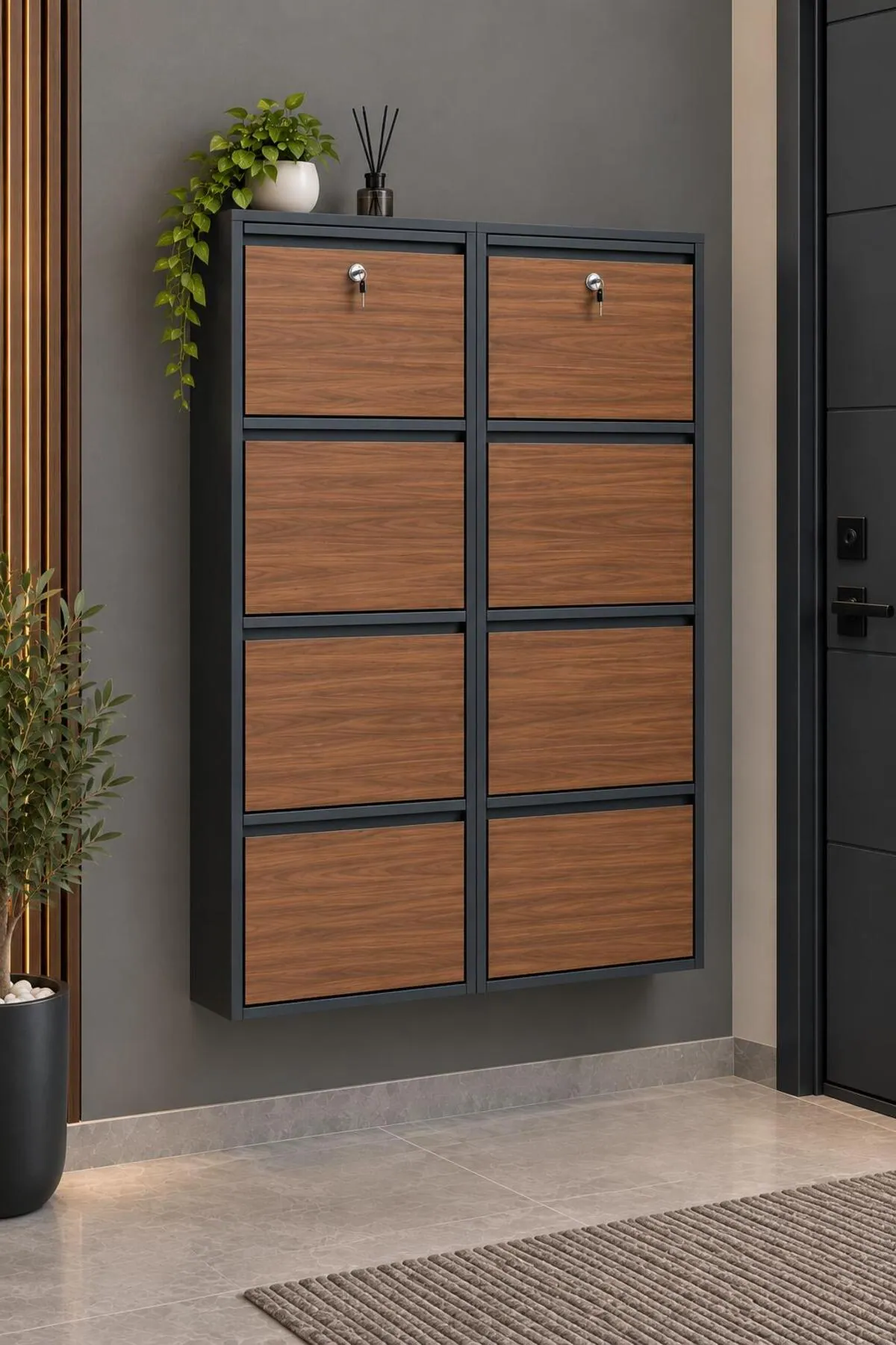 4+4-Door Lockable Anthracite Wood-Pattern Metal Shoe Cabinet – 16 Pairs