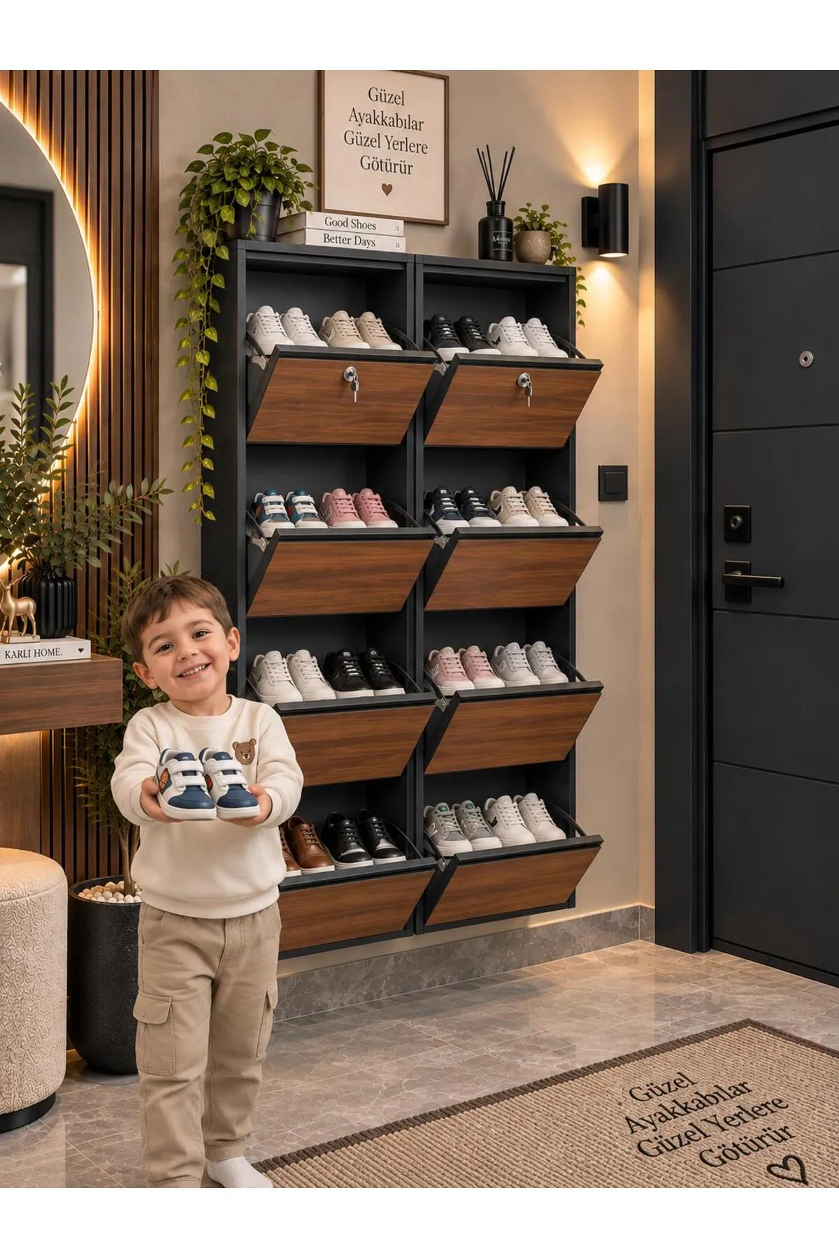 4+4-Door Lockable Anthracite Wood-Pattern Metal Shoe Cabinet – 16 Pairs, view 3