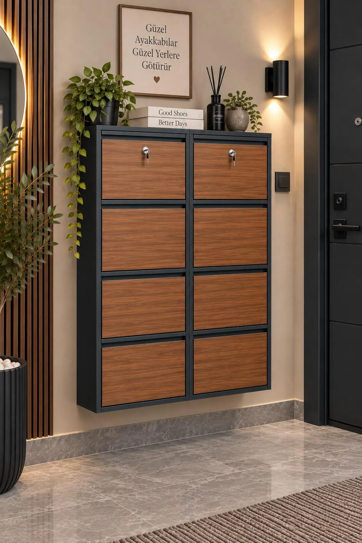 4+4-Door Lockable Anthracite Wood-Pattern Metal Shoe Cabinet – 16 Pairs, view 4
