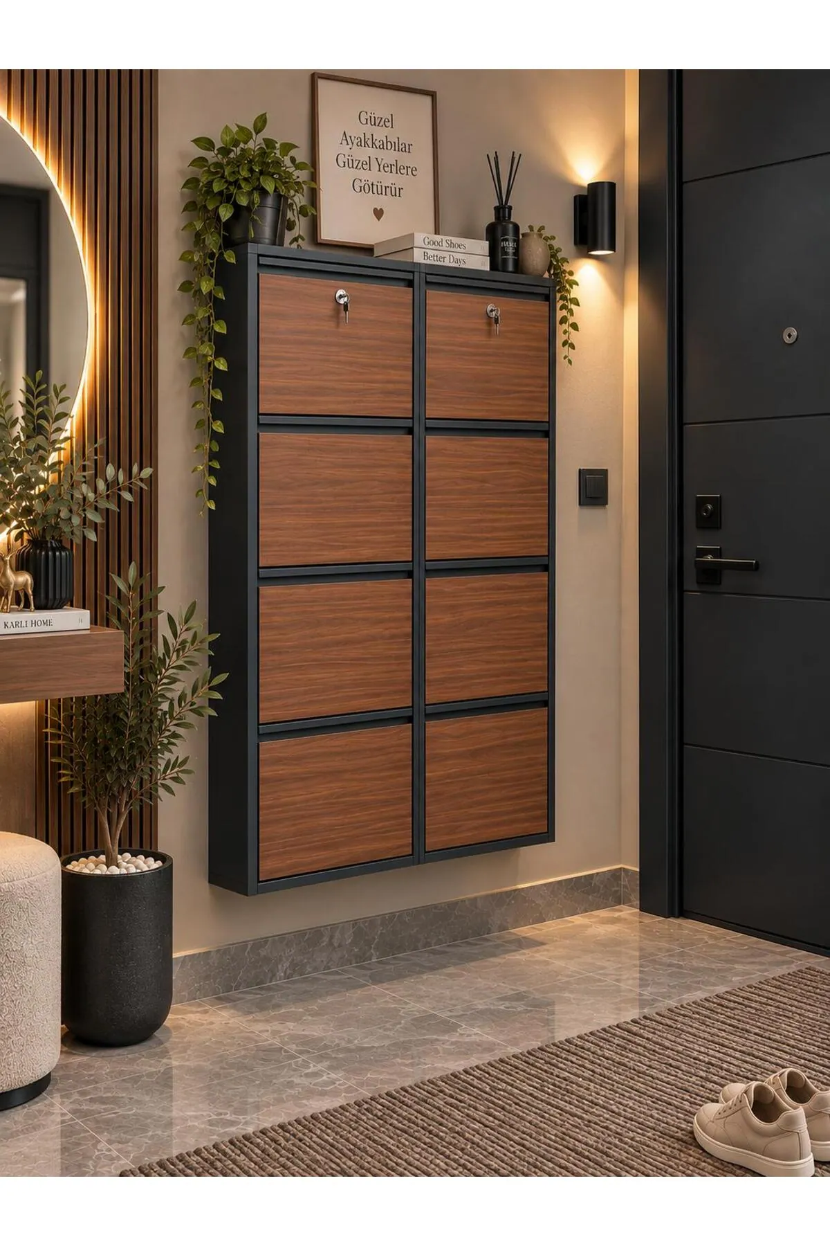 4+4-Door Lockable Anthracite Wood-Pattern Metal Shoe Cabinet – 16 Pairs, view 5