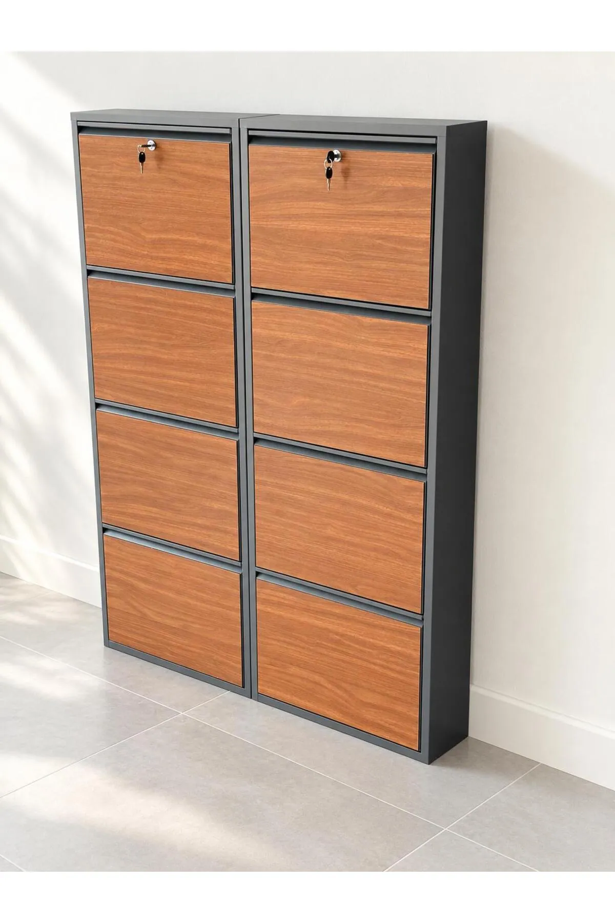4+4-Door Lockable Anthracite Metal Shoe Cabinet with Wood-Effect and Metal Doors – 16 Pairs