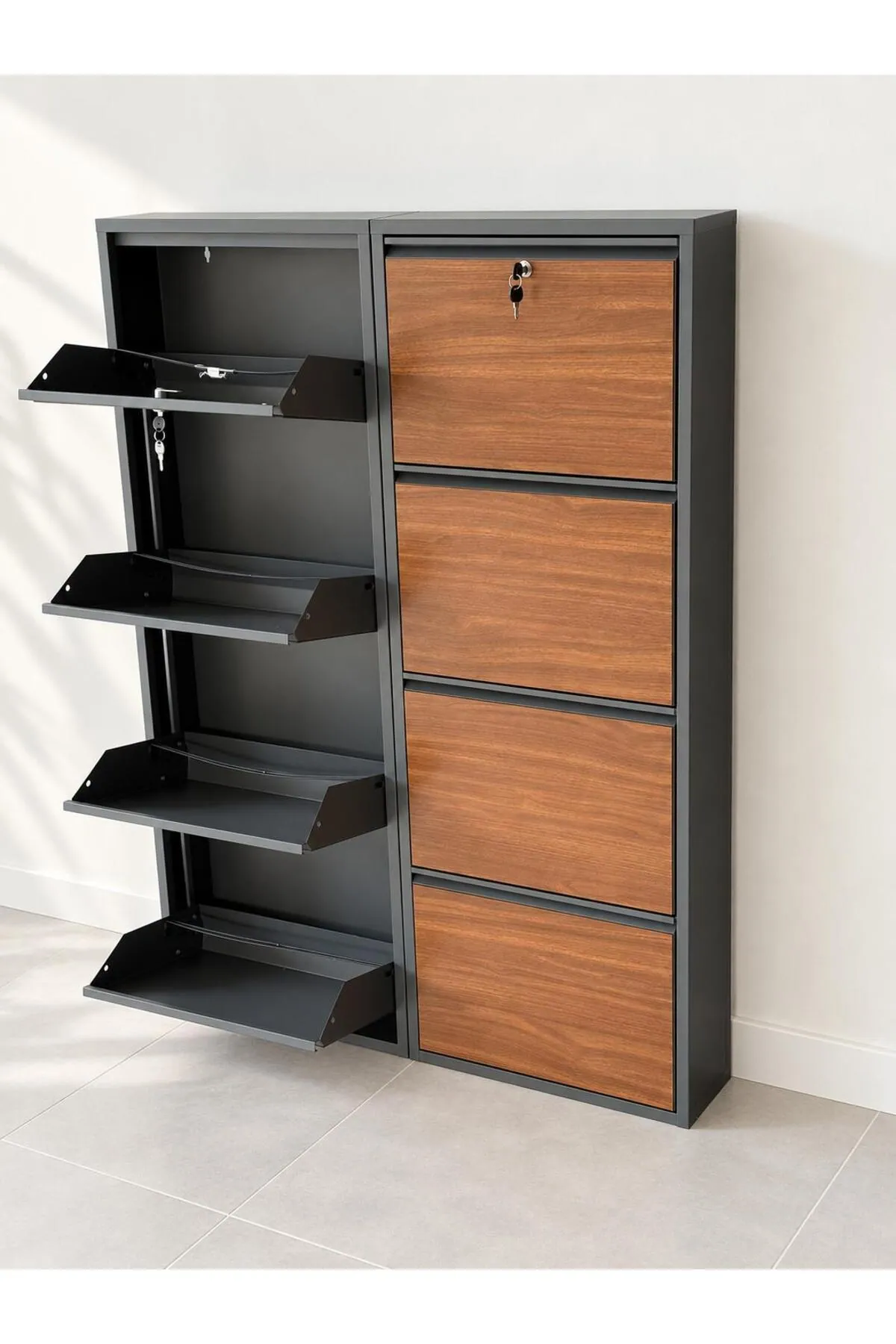 4+4-Door Lockable Anthracite Metal Shoe Cabinet with Wood-Effect and Metal Doors – 16 Pairs, view 3