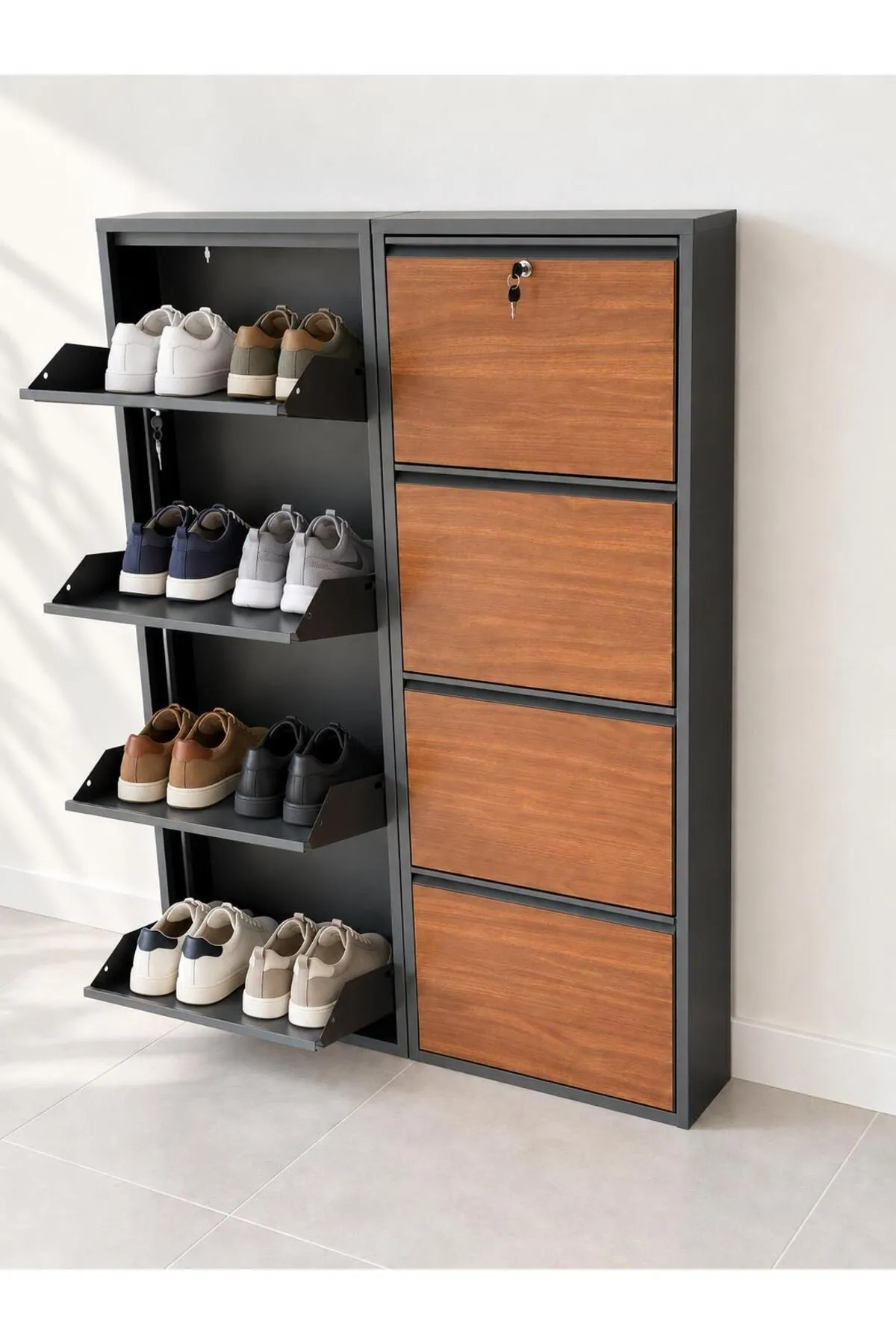 4+4-Door Lockable Anthracite Metal Shoe Cabinet with Wood-Effect and Metal Doors – 16 Pairs, view 4