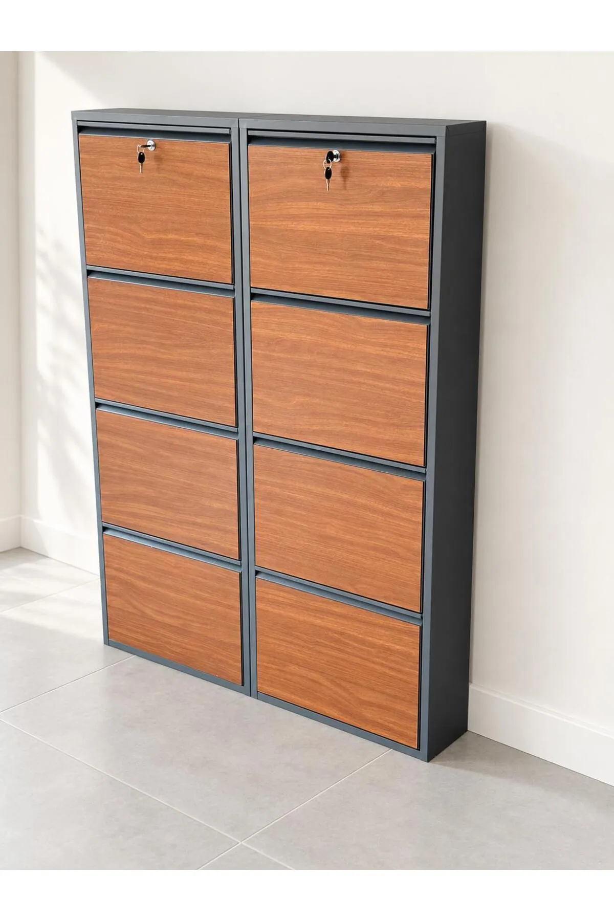 4+4-Door Lockable Anthracite Metal Shoe Cabinet with Wood-Effect and Metal Doors – 16 Pairs, view 5
