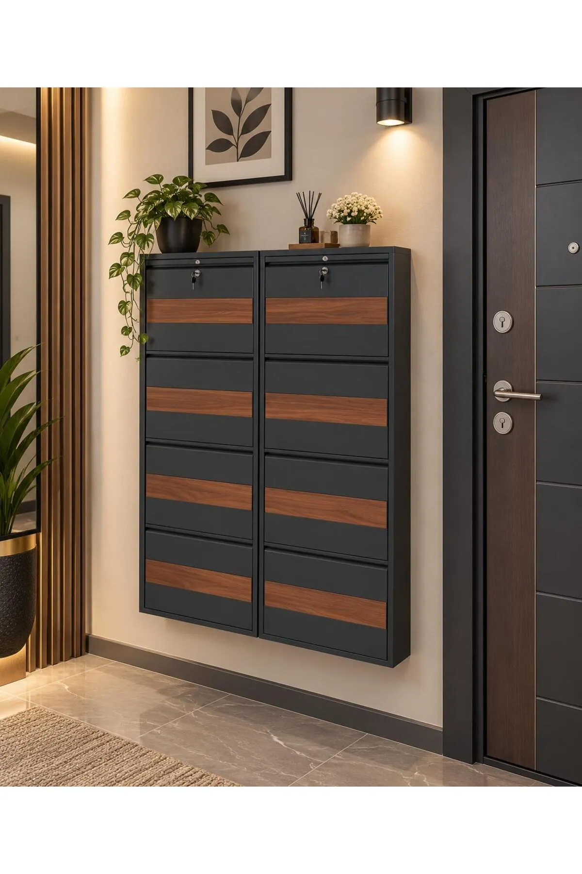 4+4-Door Lockable Anthracite Patterned Metal Shoe Cabinet – 16 Pairs