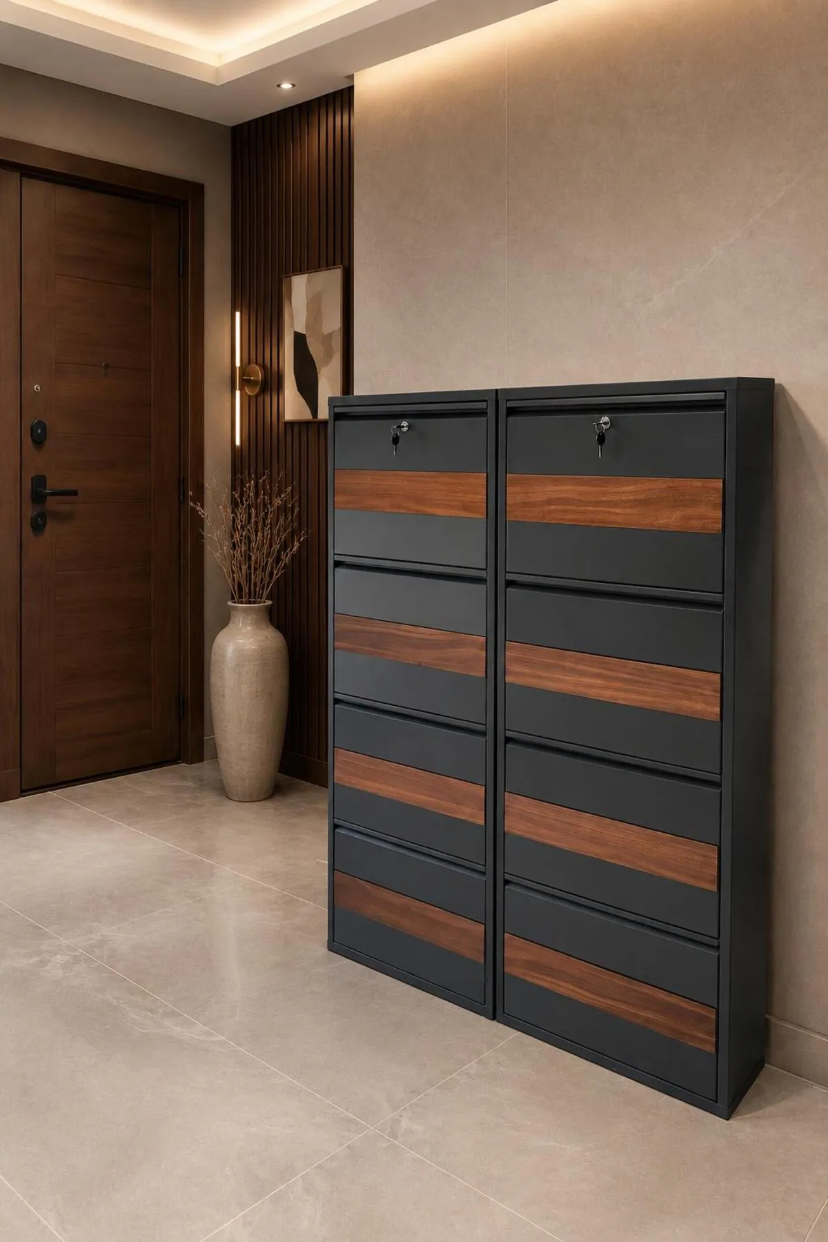 4+4-Door Lockable Anthracite Patterned Metal Shoe Cabinet – 16 Pairs, view 3