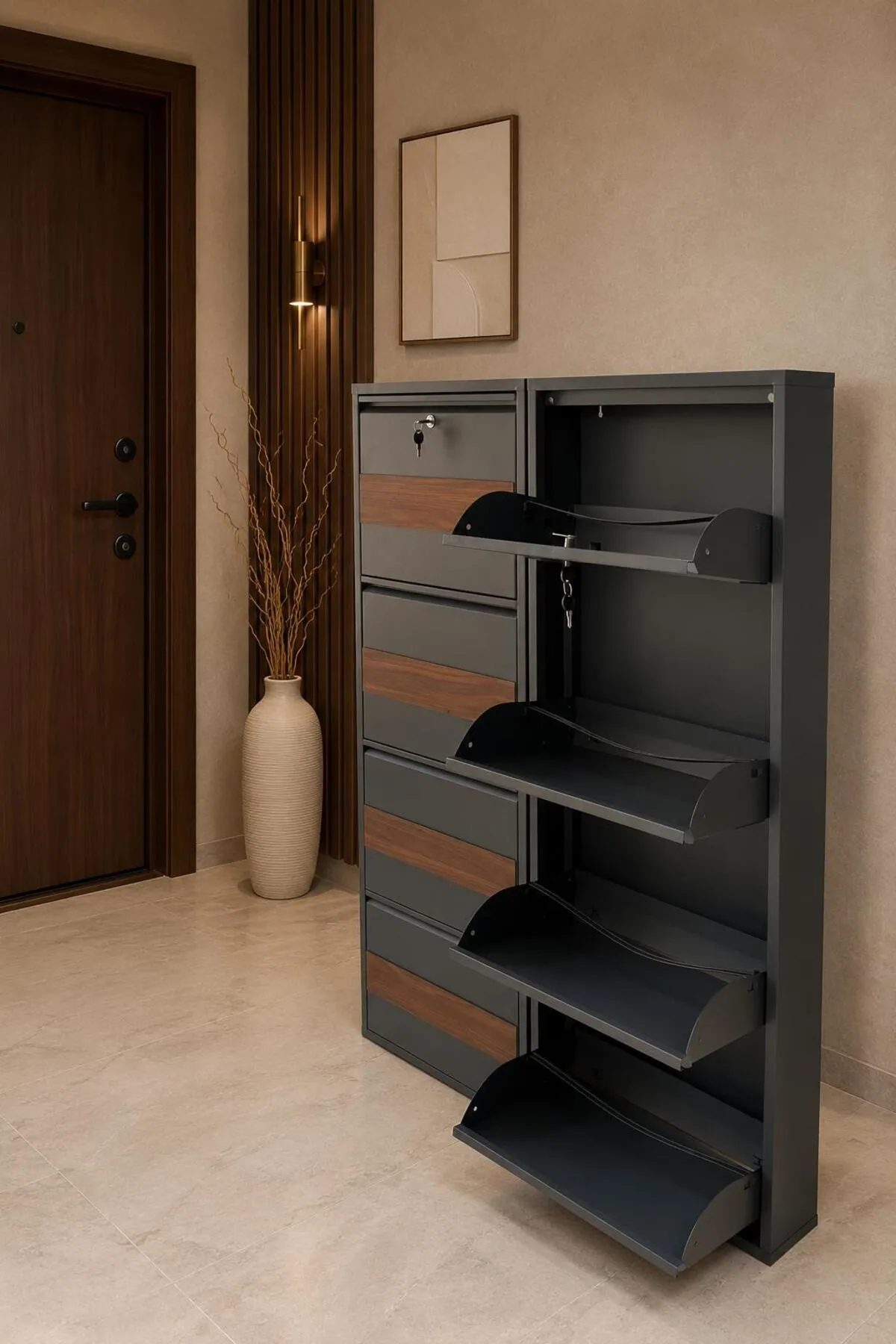 4+4-Door Lockable Anthracite Patterned Metal Shoe Cabinet – 16 Pairs, view 4