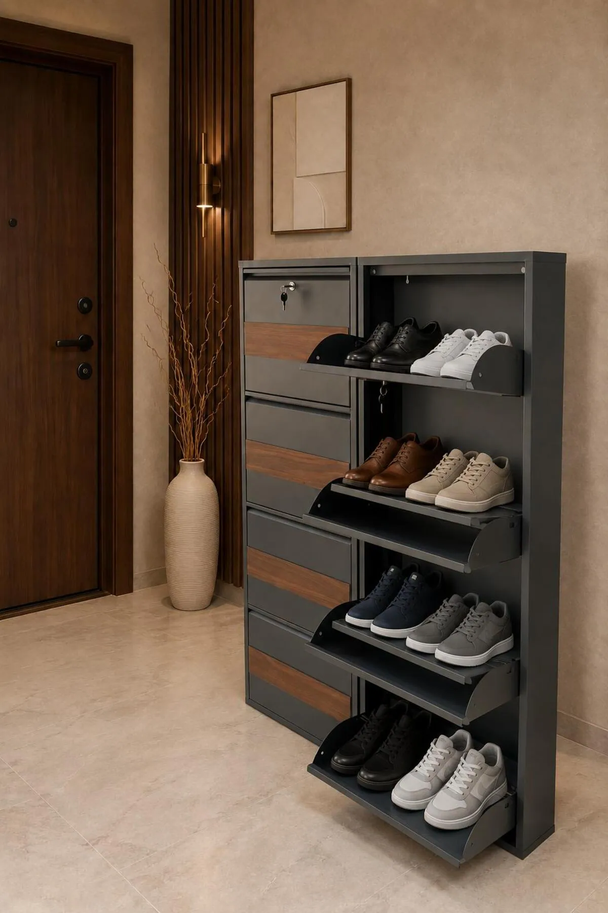 4+4-Door Lockable Anthracite Patterned Metal Shoe Cabinet – 16 Pairs, view 5