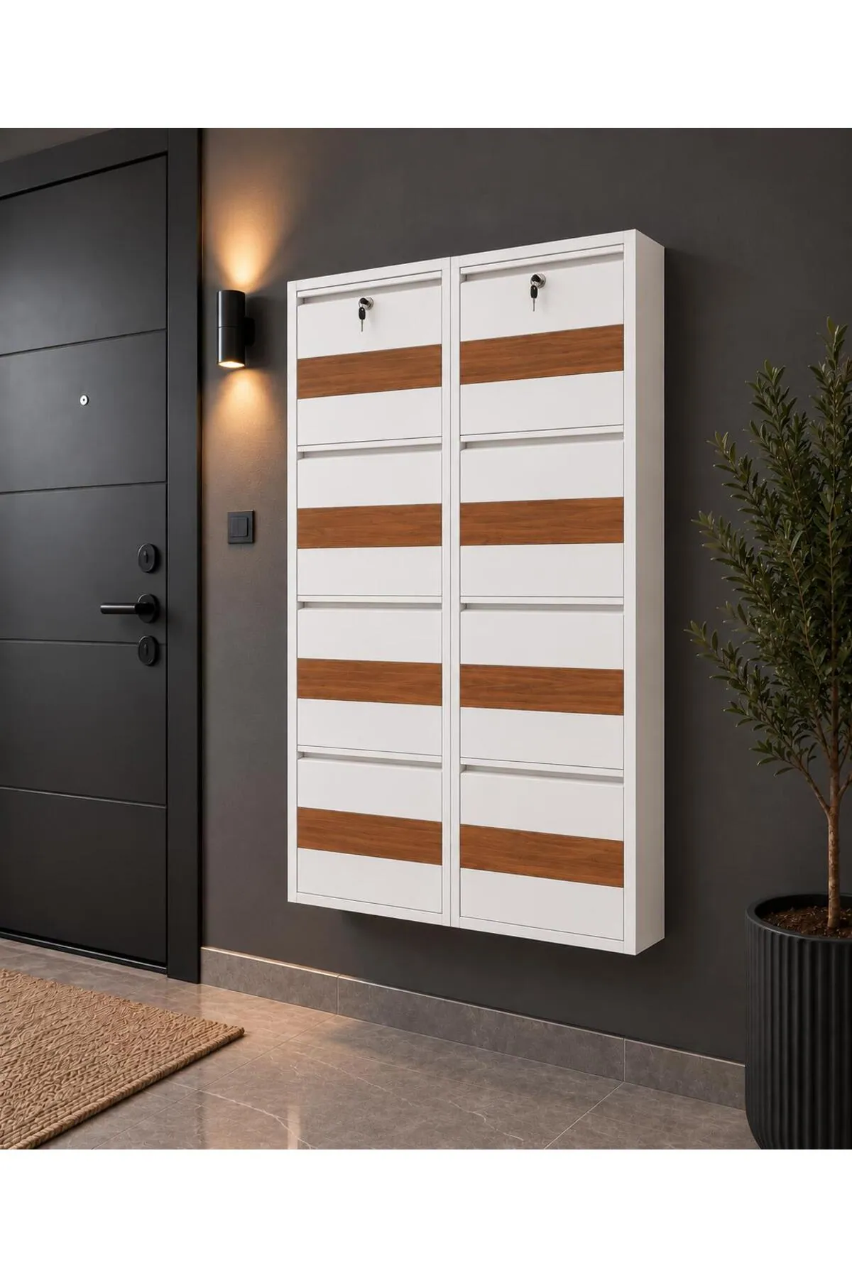 4+4 Kapaklı Kilitli Beyaz Desenli Metal Ayakkabılık – 16 Çift