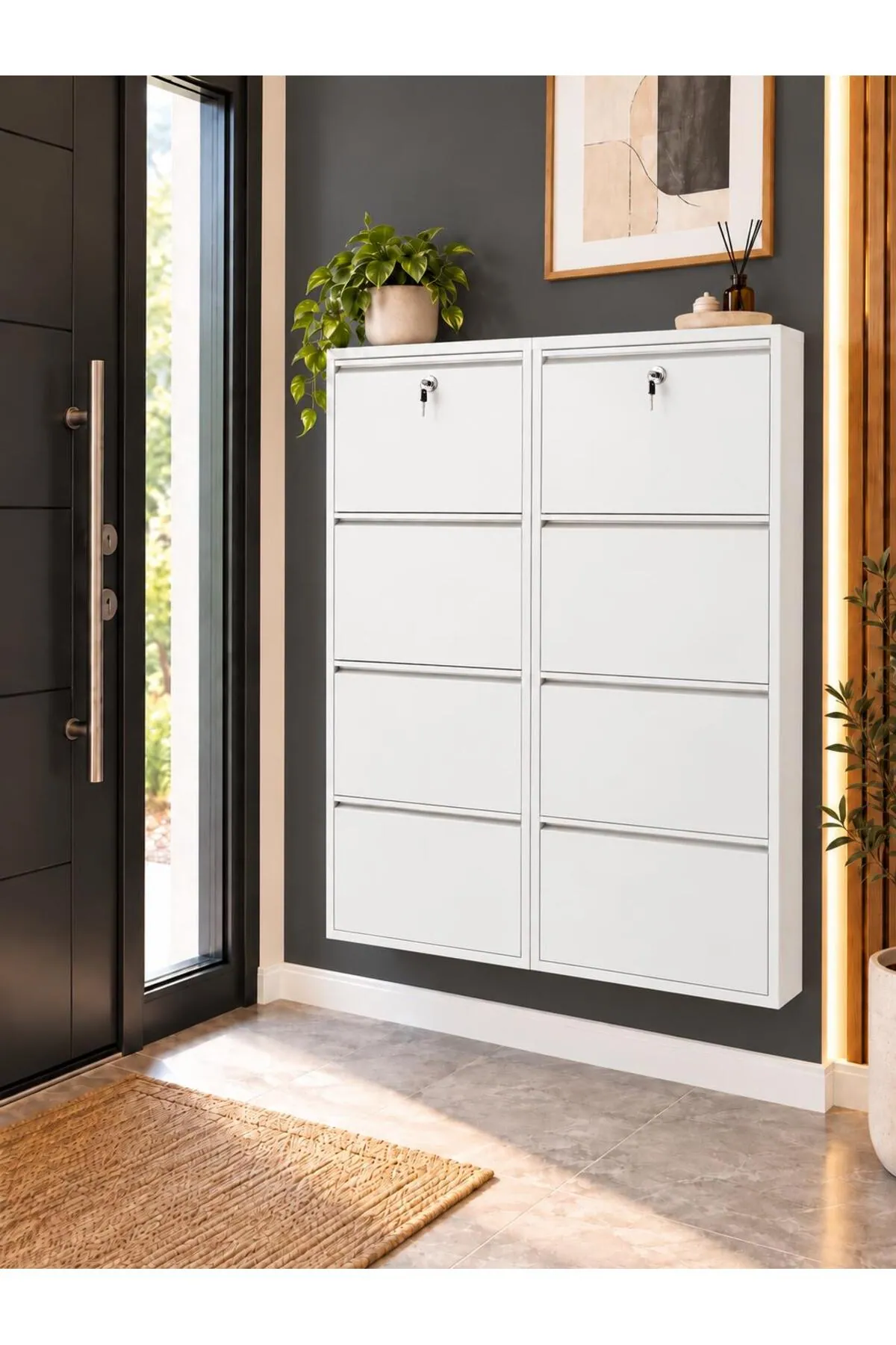 4+4-Door Lockable White Metal Shoe Cabinet – 16 Pairs