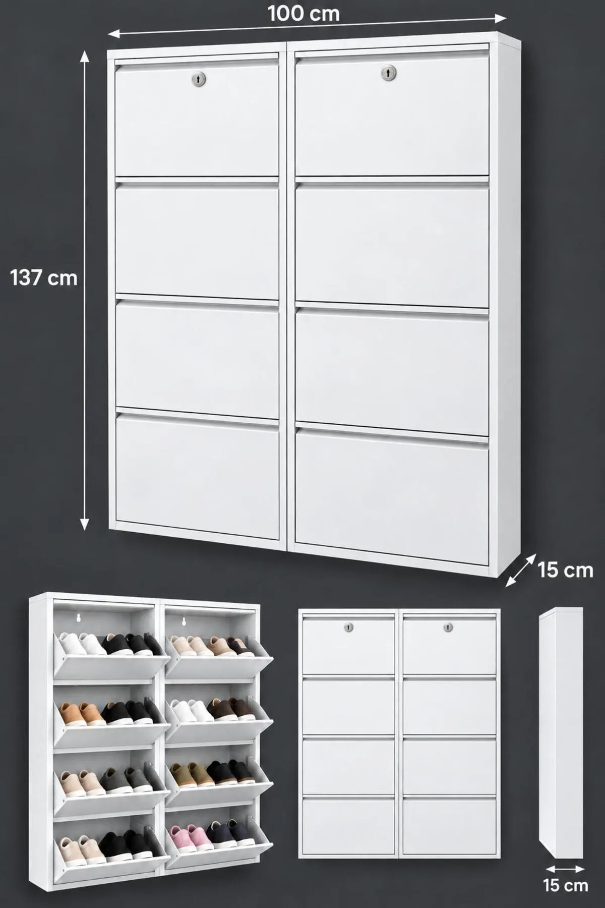 4+4-Door Lockable White Metal Shoe Cabinet – 16 Pairs, view 5