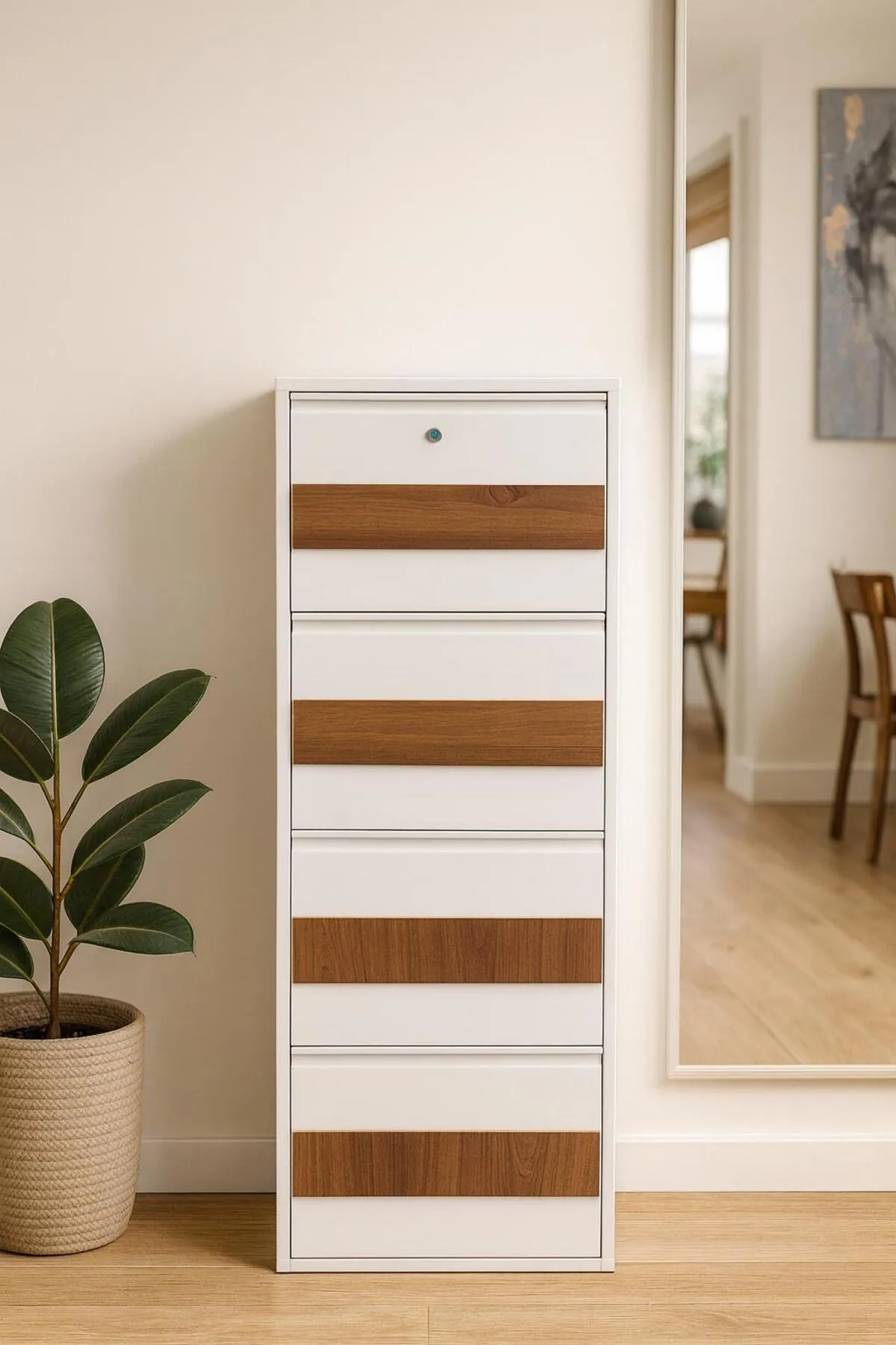 4 Kapaklı Ahşap Desenli Metal Ayakkabılık – 8 Çift